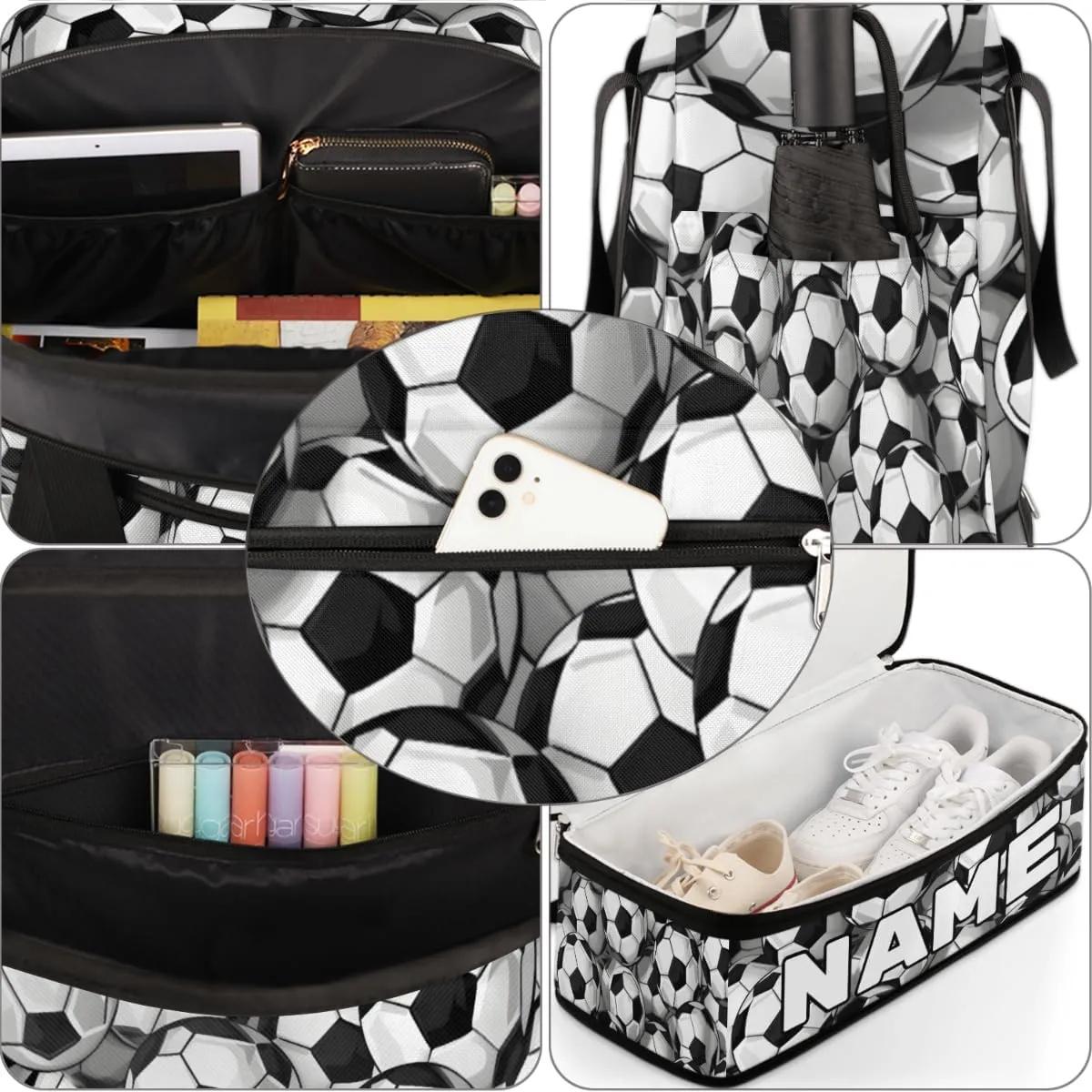 Footballs Custom Foldable Duffle Bag with Shoes Compartment Personalized Large Capacity Waterproof Travel Weekender Bag Overnight Bag for Sports Gym