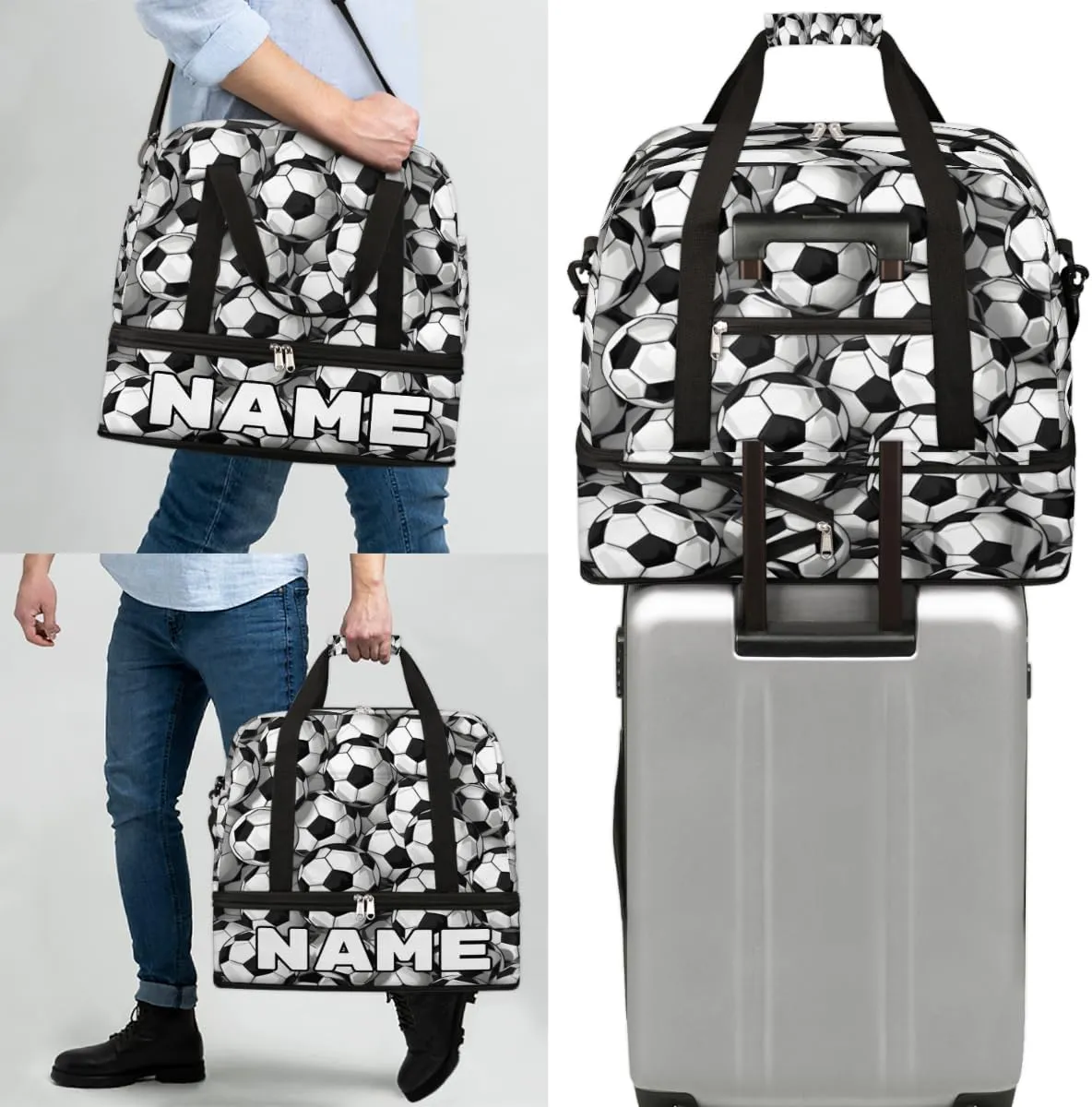 Footballs Custom Foldable Duffle Bag with Shoes Compartment Personalized Large Capacity Waterproof Travel Weekender Bag Overnight Bag for Sports Gym