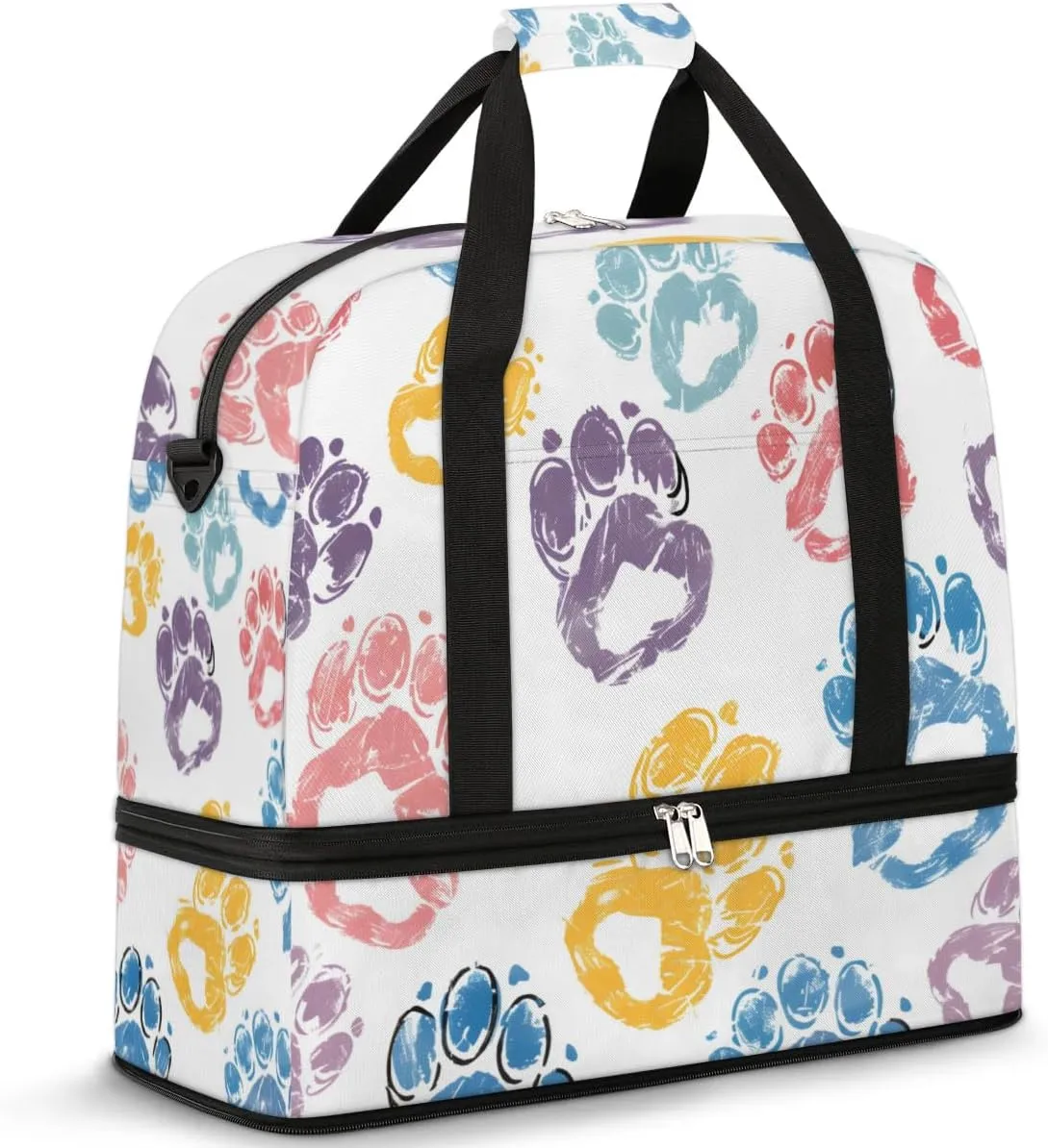 Footprints Animal Cute Travel Duffel Bag for Women Men Weekender Overnight Bag with Shoe Compartment Foldable Sports Gym Luggage Bag