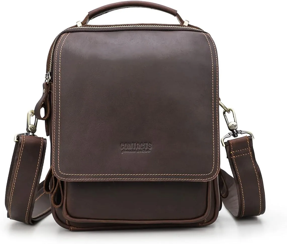 Full Grain Leather Messenger Bag for Men Crossbody Shoulder Bag Travel Handbag Fit 10.5" iPad Satchel Bag (Brown)