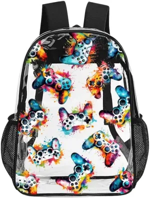 Gaming Clear Backpack Heavy Duty for Girls Kids Boys Women Men - Large Cute PVC Gamepads Theme Printing Transparent Backpacks for Schools Stadium Concerts Work - Clear/Black