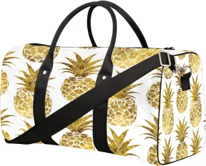 Golden Tropical Pineapple Travel Duffel Bag for Women Men Small Sport Gym Bag Waterproof Weekender Overnight Lightweight Carry on Foldable Gym Bag for Training Swim Yoga Traveling Handbag