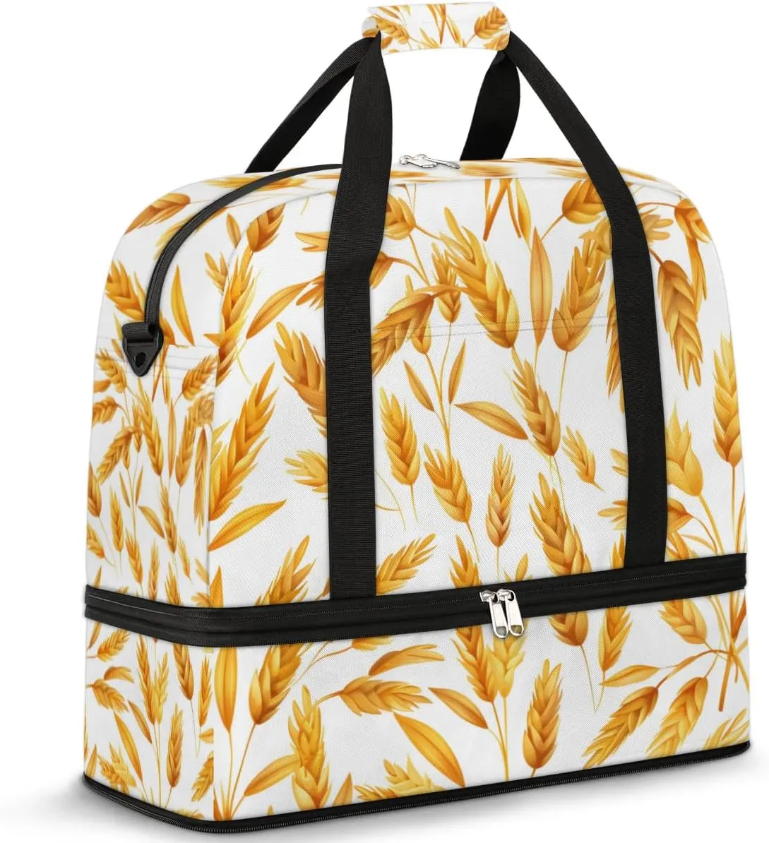 Golden Wheat Ears Travel Duffel Bag for Women Men Weekender Overnight Bag with Shoe Compartment Foldable Sports Gym Luggage Bag