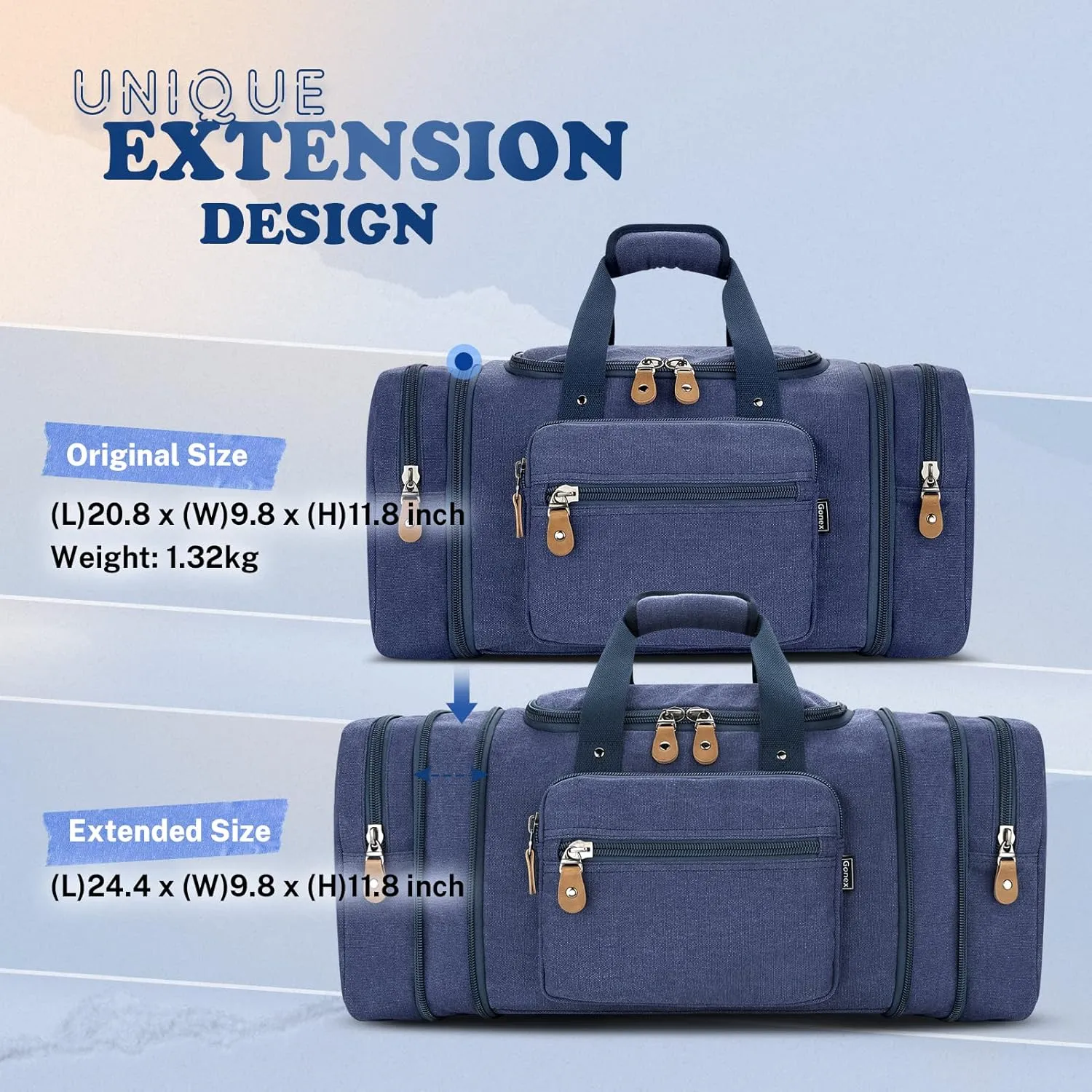 Gonex Canvas Duffle Bag for Travel 50L Expandable Duffel Weekend Overnight Bag men (Blue)