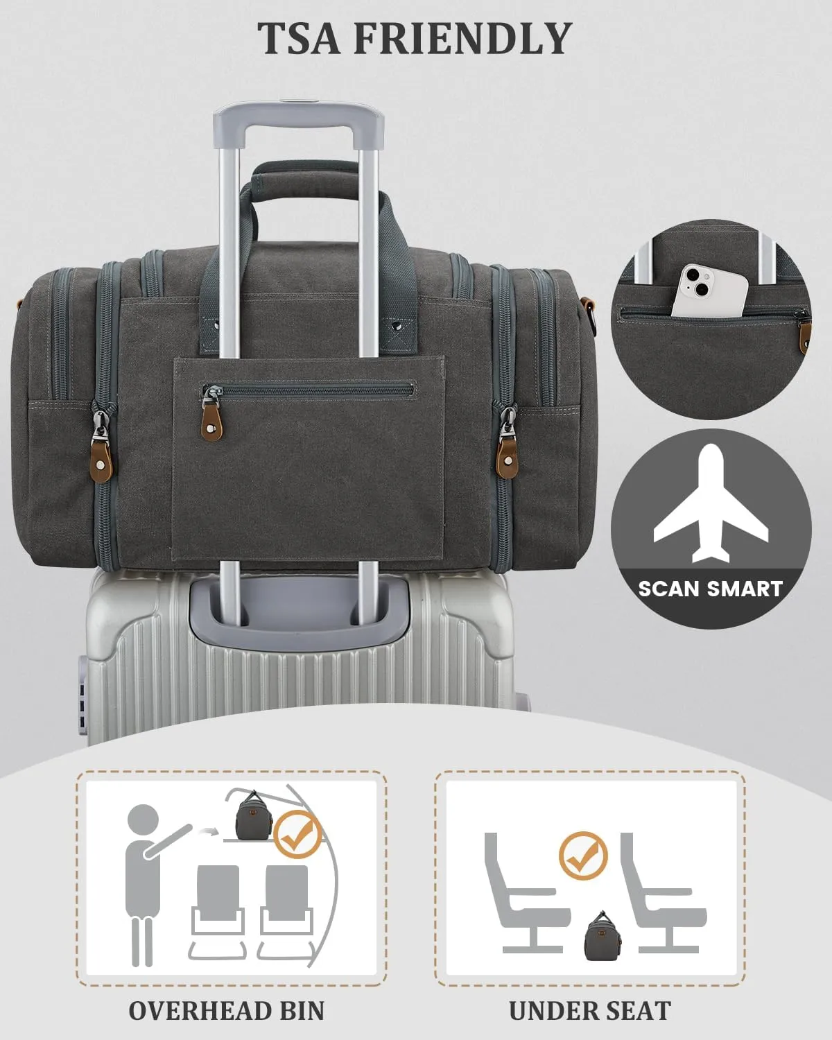 Gonex Canvas Duffle Bag for Travel, Expandable Water Resistant 50L Carry on Duffel Overnight Weekender Gym Bag with Wet Dry Separation Pocket & Suitcase Handle Sleeve, Grey