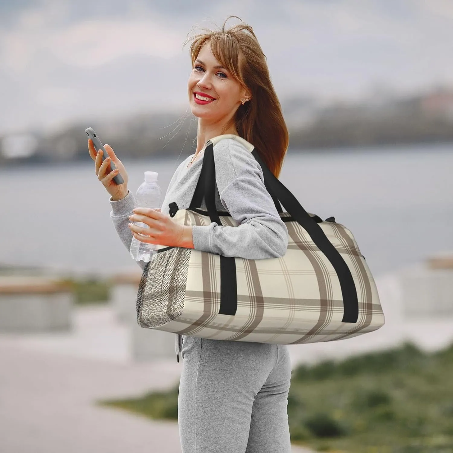 Gray Blue Stripes Travel Duffel Bag Large Foldable Waterproof Overnight Bag For Beach Swim Bags Pool Sports Gym