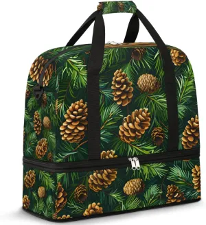 Green Leaf Pine Cones Travel Duffel Bag for Women Men Weekender Overnight Bag with Shoe Compartment Foldable Sports Gym Luggage Bag