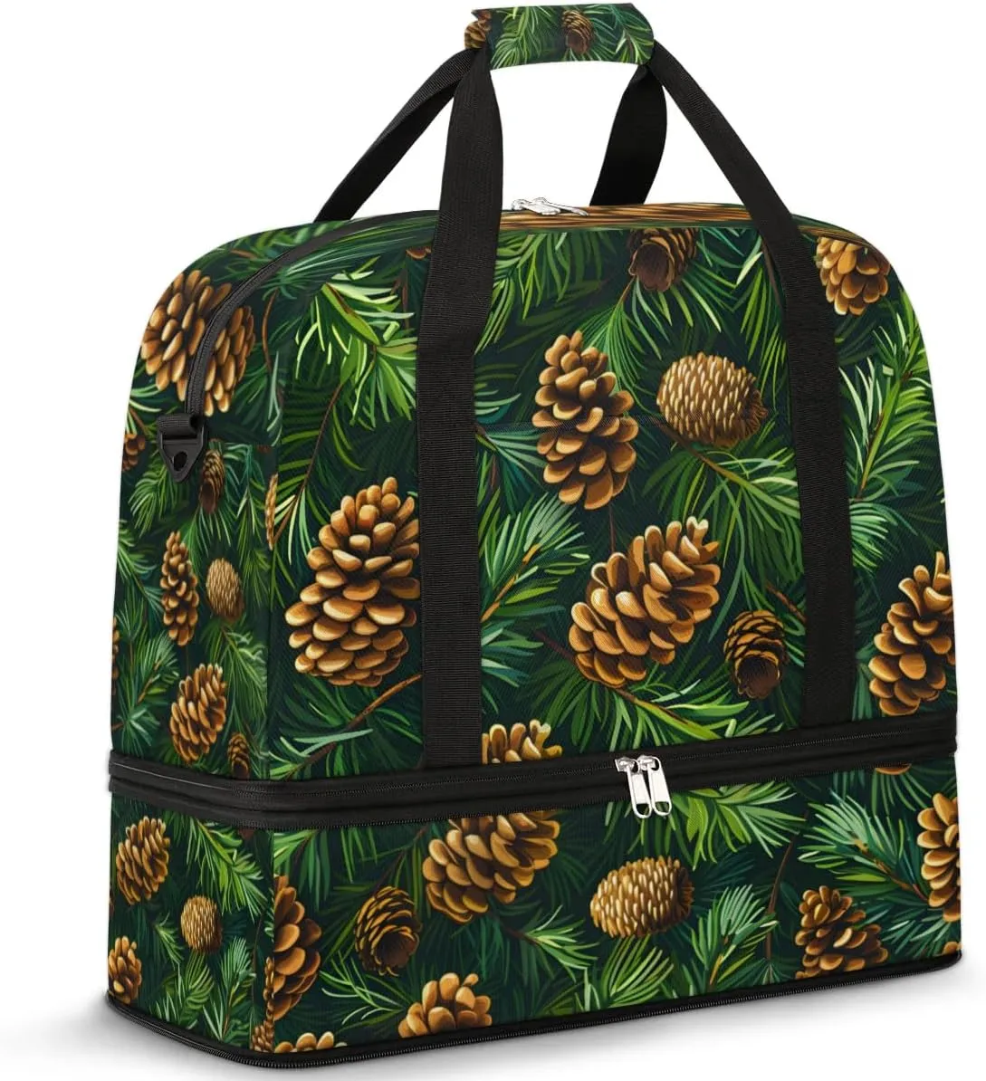 Green Leaf Pine Cones Travel Duffel Bag for Women Men Weekender Overnight Bag with Shoe Compartment Foldable Sports Gym Luggage Bag