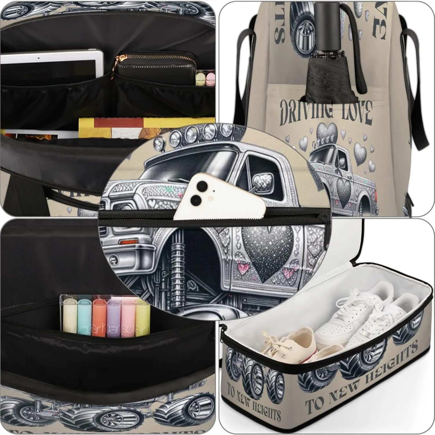 Grey Truck Monster Travel Duffel Bags for Women & Men Large Sports Gym Bags Foldie Weekender Overnight Bag Carry On Tote Bag With Shoe Compartment Personal Item Luggage for Travel Sports Gym