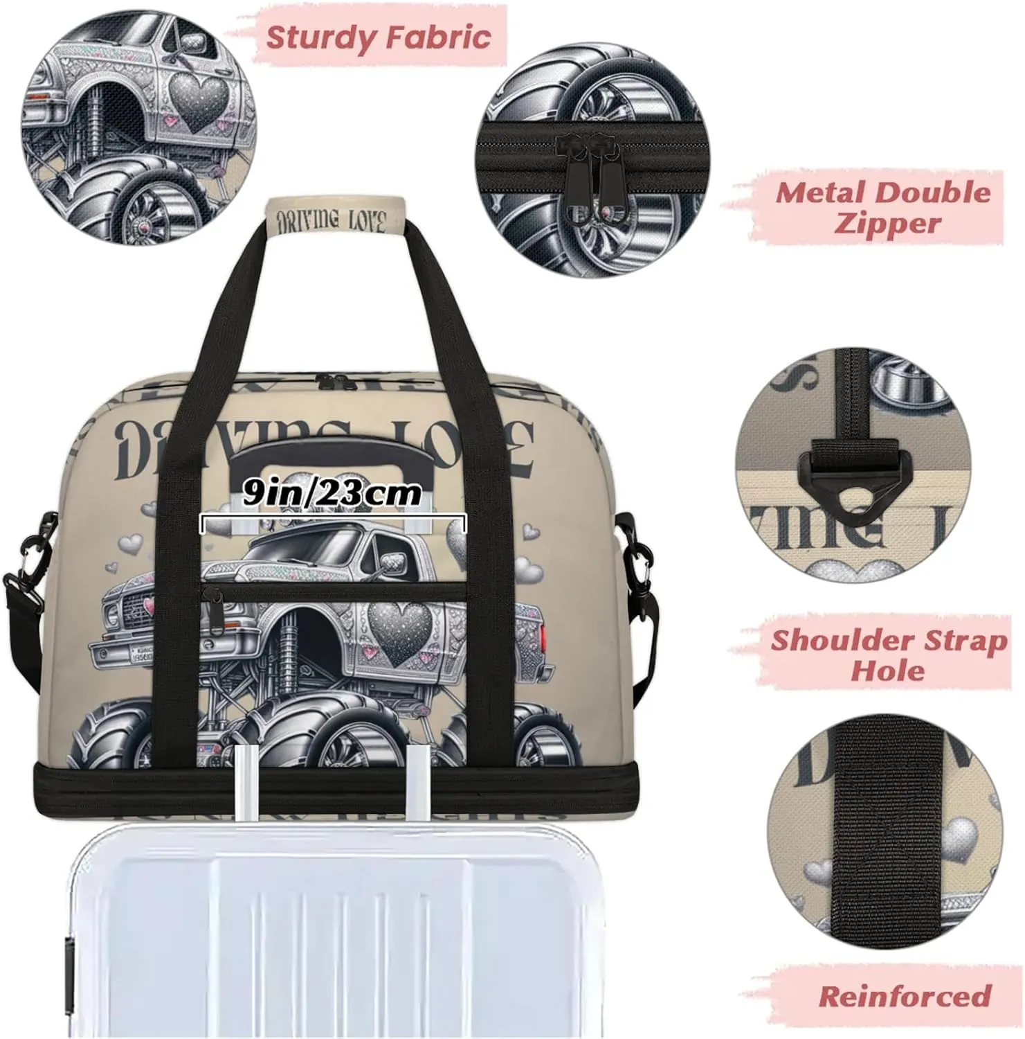 Grey Truck Monster Travel Duffel Bags for Women & Men Large Sports Gym Bags Foldie Weekender Overnight Bag Carry On Tote Bag With Shoe Compartment Personal Item Luggage for Travel Sports Gym