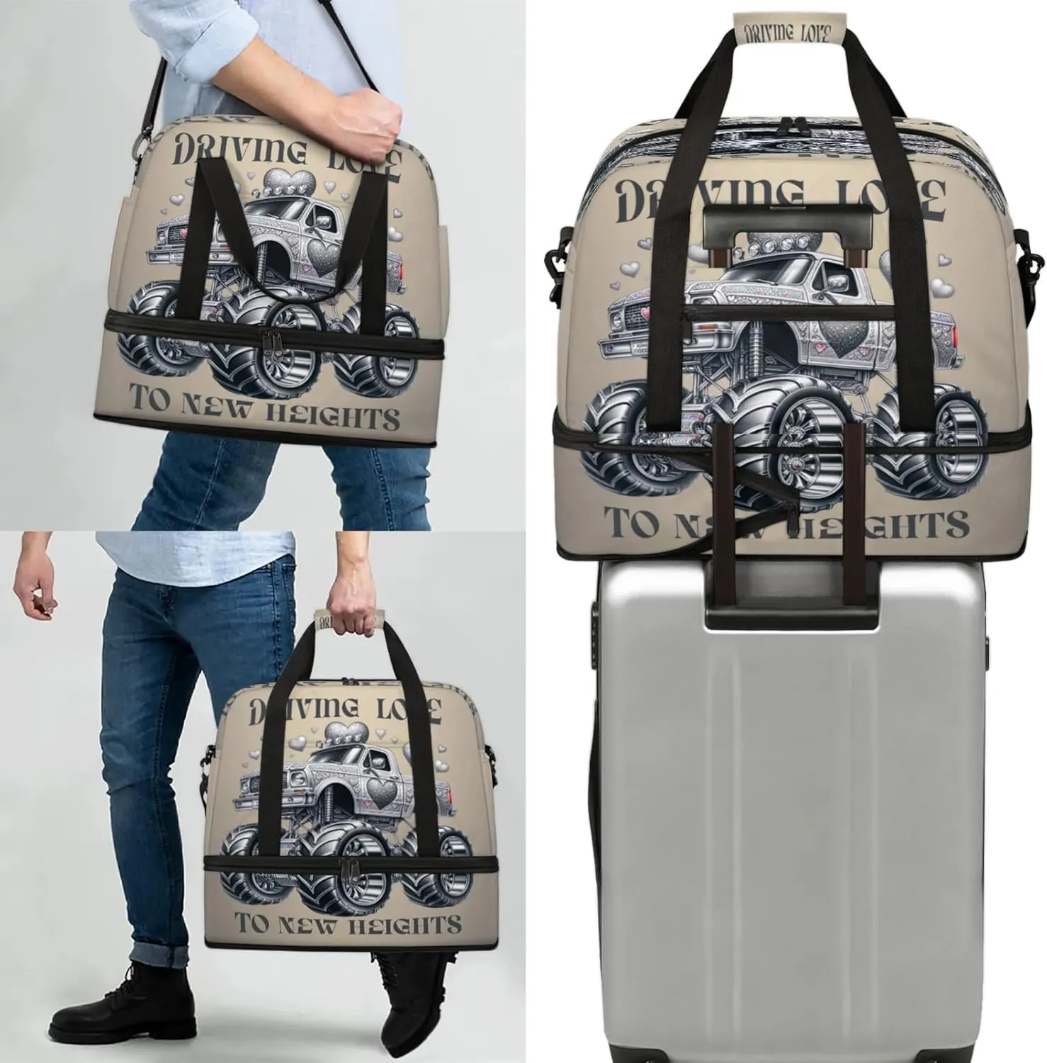 Grey Truck Monster Travel Duffel Bags for Women & Men Large Sports Gym Bags Foldie Weekender Overnight Bag Carry On Tote Bag With Shoe Compartment Personal Item Luggage for Travel Sports Gym