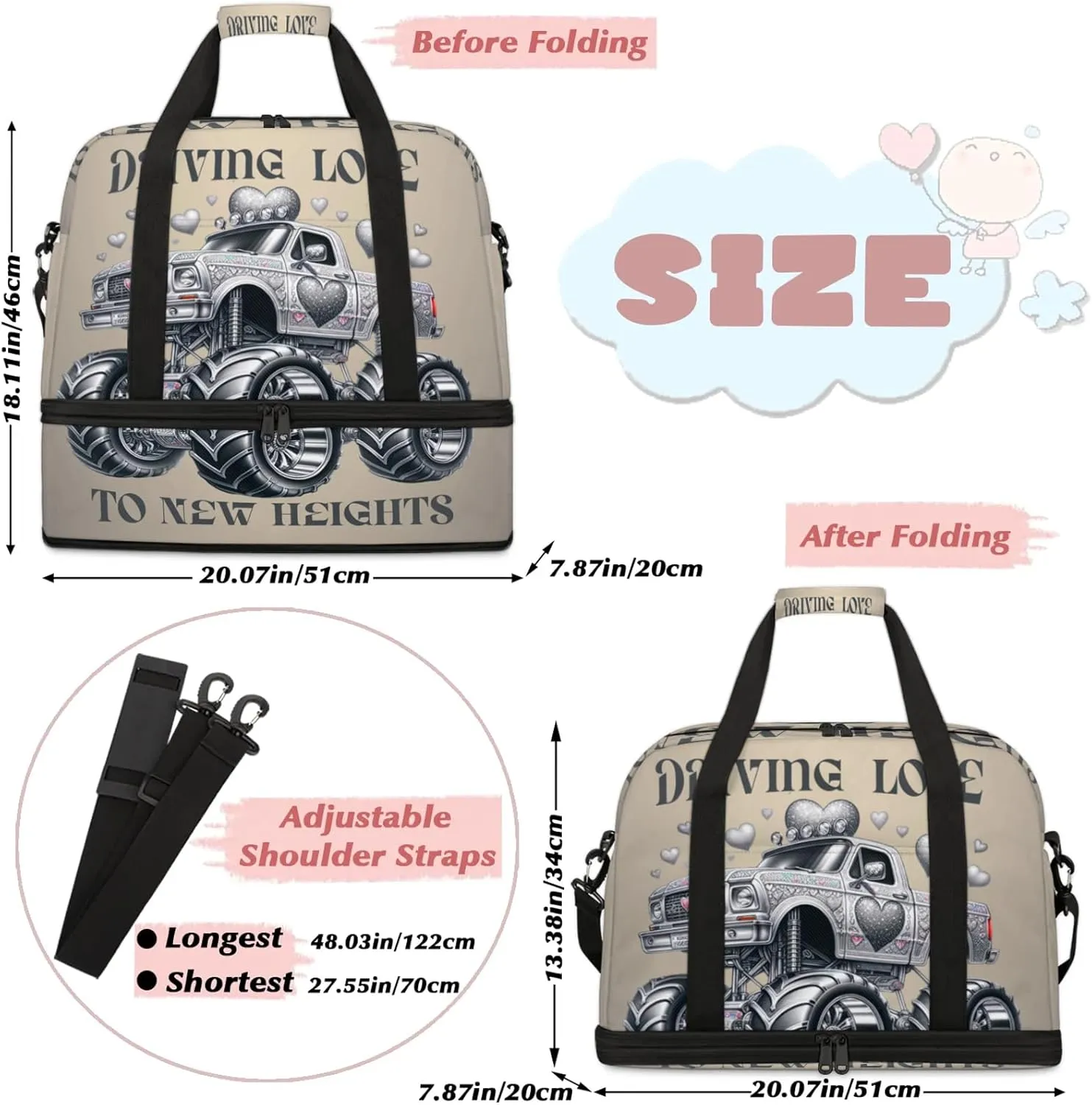 Grey Truck Monster Travel Duffel Bags for Women & Men Large Sports Gym Bags Foldie Weekender Overnight Bag Carry On Tote Bag With Shoe Compartment Personal Item Luggage for Travel Sports Gym