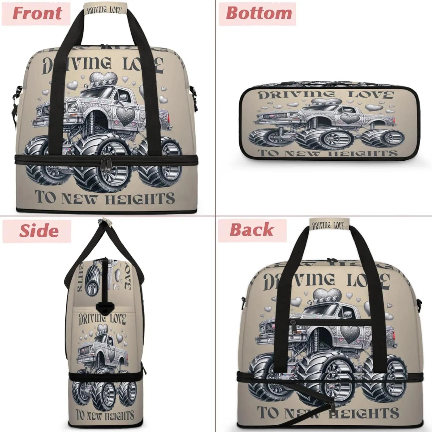 Grey Truck Monster Travel Duffel Bags for Women & Men Large Sports Gym Bags Foldie Weekender Overnight Bag Carry On Tote Bag With Shoe Compartment Personal Item Luggage for Travel Sports Gym