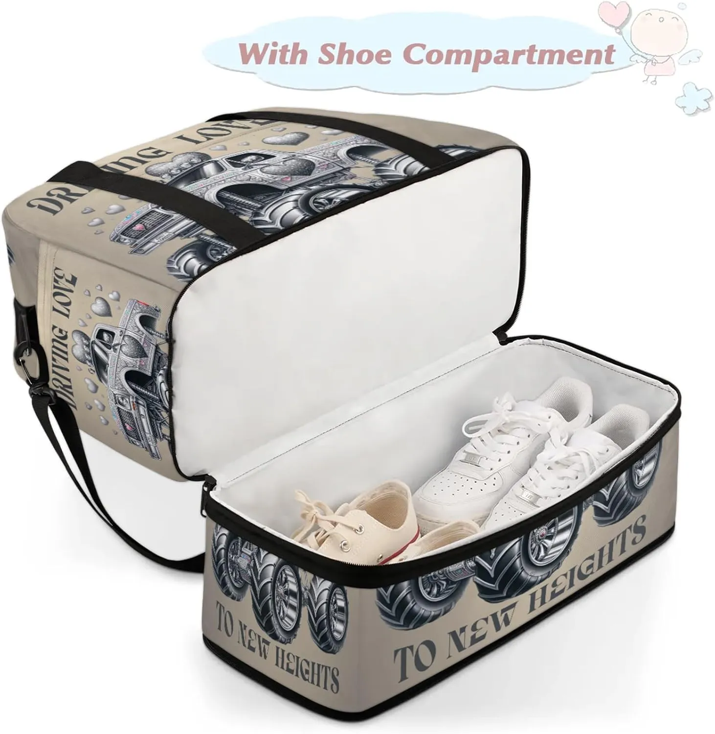 Grey Truck Monster Travel Duffel Bags for Women & Men Large Sports Gym Bags Foldie Weekender Overnight Bag Carry On Tote Bag With Shoe Compartment Personal Item Luggage for Travel Sports Gym