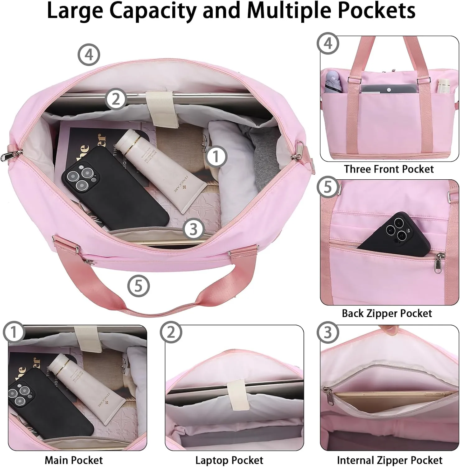 Gym Bag for Women, Personal Item Travel Duffel Bag, Foldable Luggage Weekender Overnight Bag Wet Compartment(Pink)