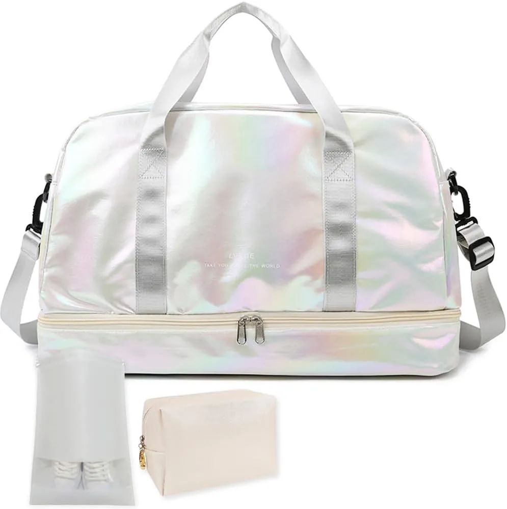 Gym Bag for Women Sports Travel Duffel Bag with Toiletry Bag Weekender Overnight Carry On Bag with Shoes Compartment Wet Pocket for Women Girls Yoga Dance Tote Workout Hospital Swim Bags White