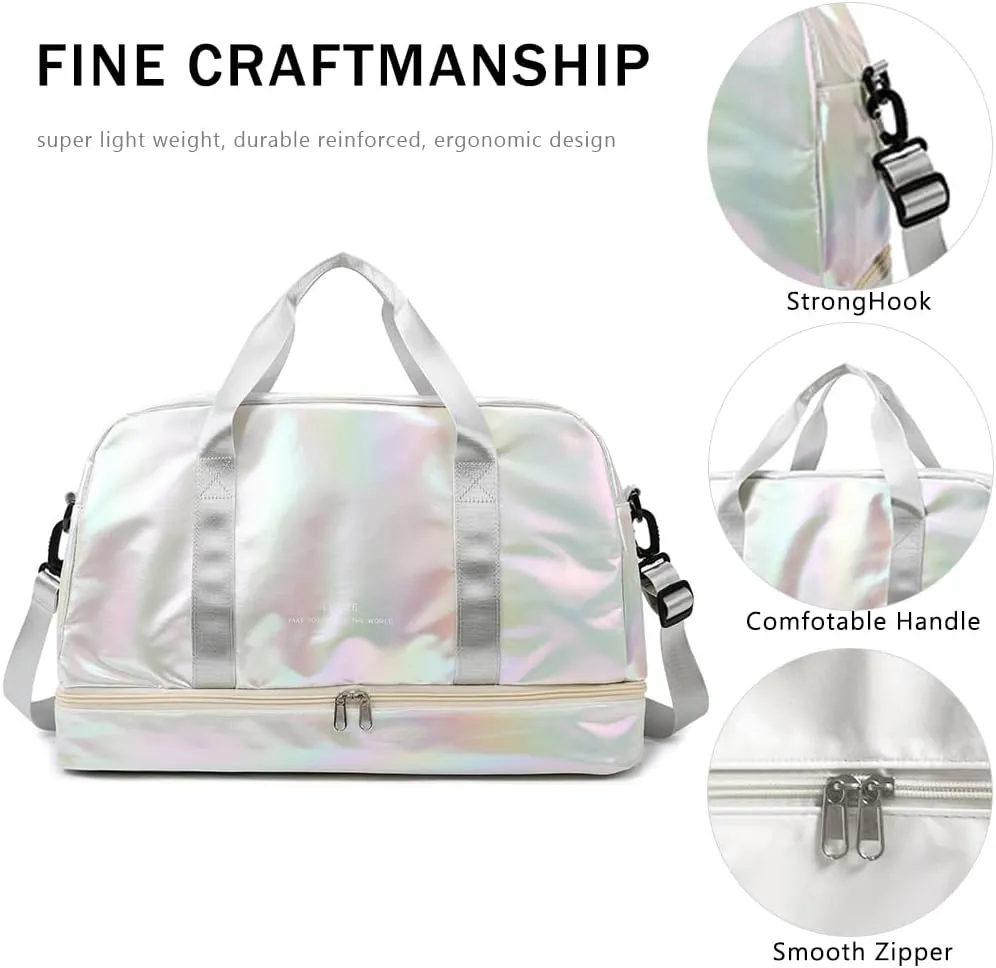 Gym Bag for Women Sports Travel Duffel Bag with Toiletry Bag Weekender Overnight Carry On Bag with Shoes Compartment Wet Pocket for Women Girls Yoga Dance Tote Workout Hospital Swim Bags White