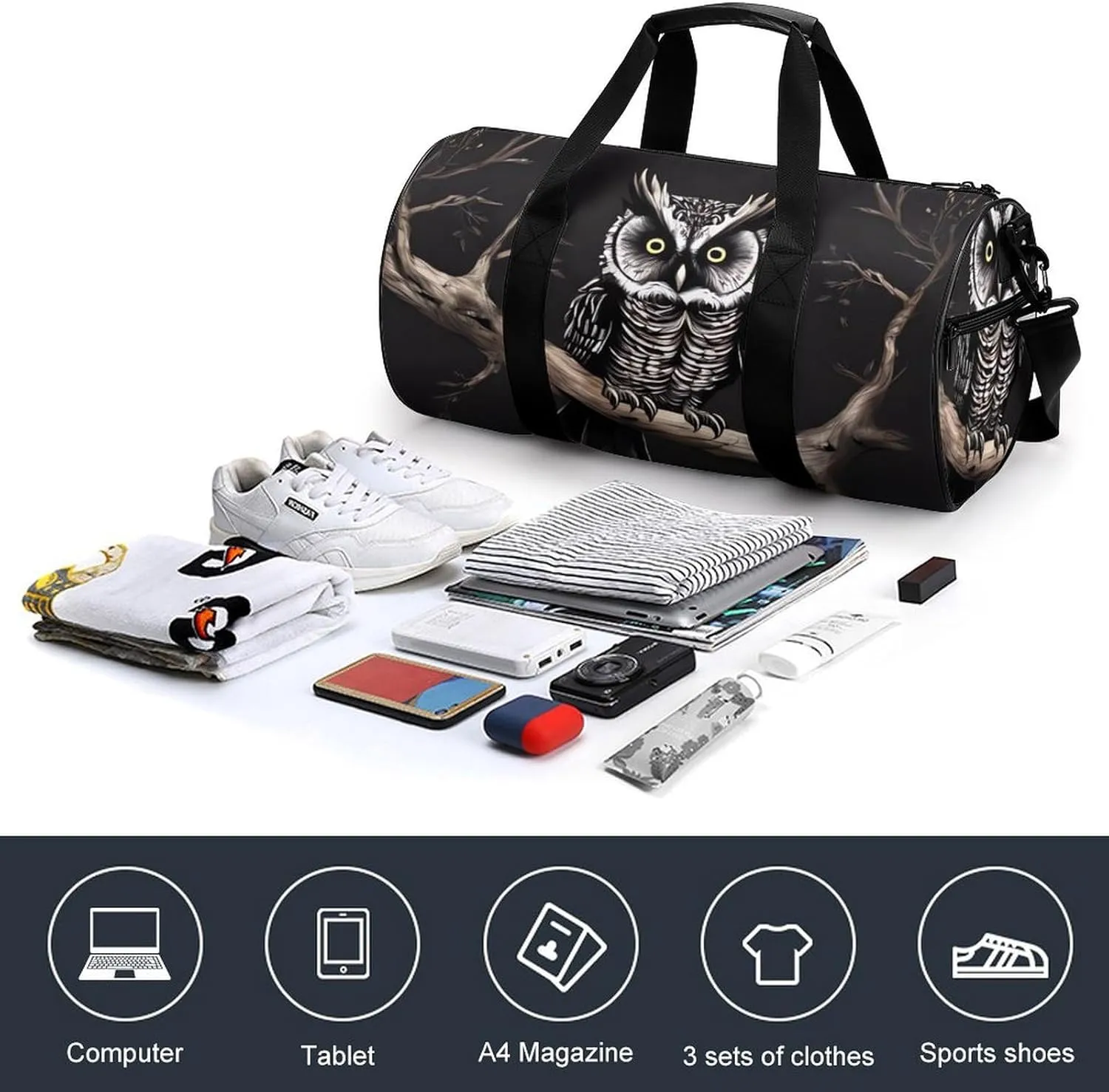 Gym Bag Late Night Owl Duffel Bag for Men Women Overnight Bag with Shoe Compartment Workout Bags