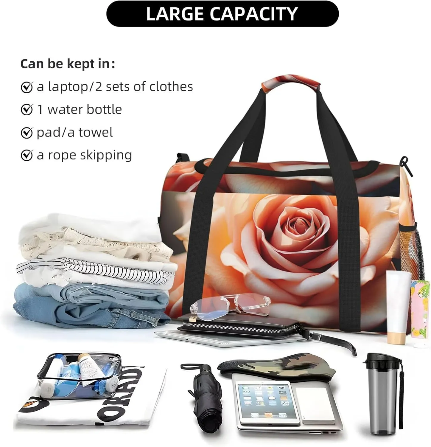 Gym Bag Vintage Rose Blooms Duffel Bag for Men Women Travel Overnight Bag with Shoe Compartment Workout Bags