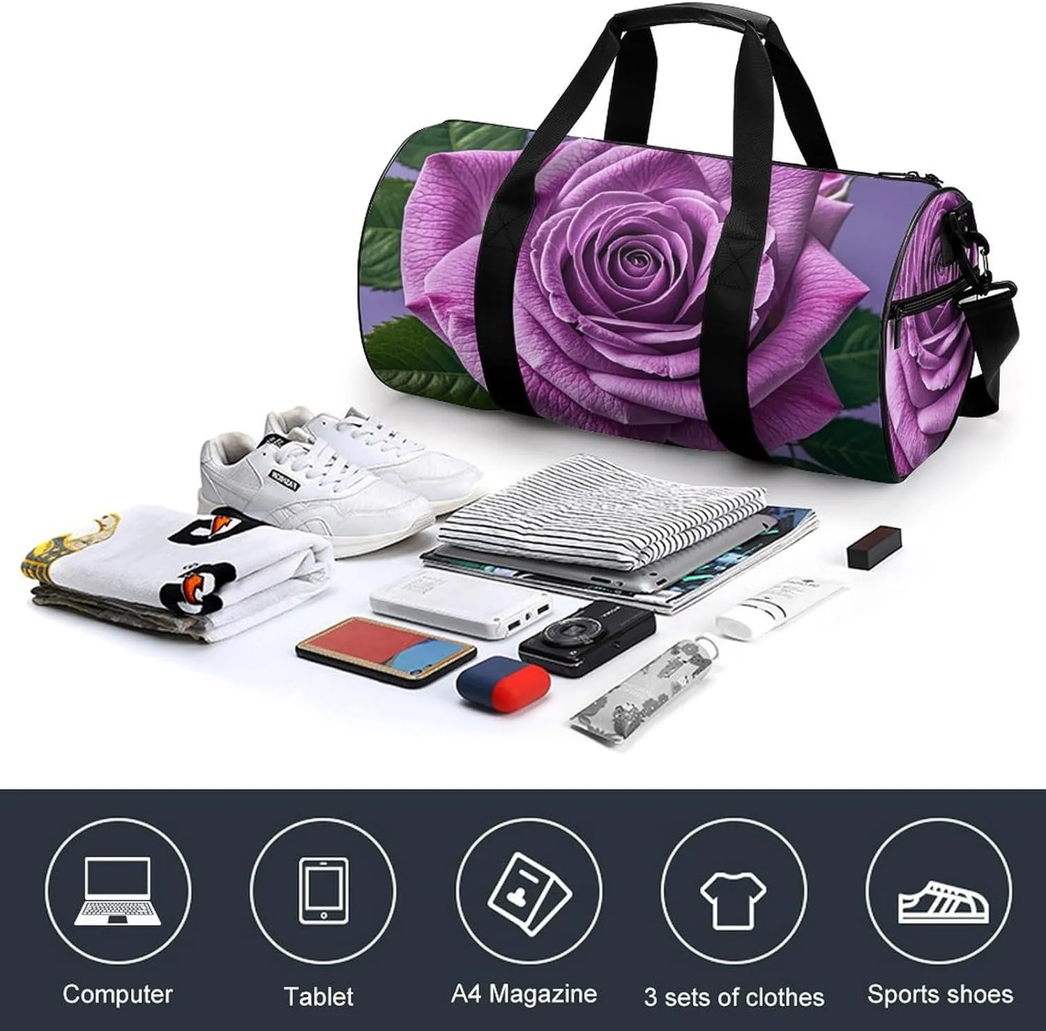Gym Bags Small Purple Rose Duffel Bag Overnight Bag with Shoe Compartment Carryon Bag for Men Women
