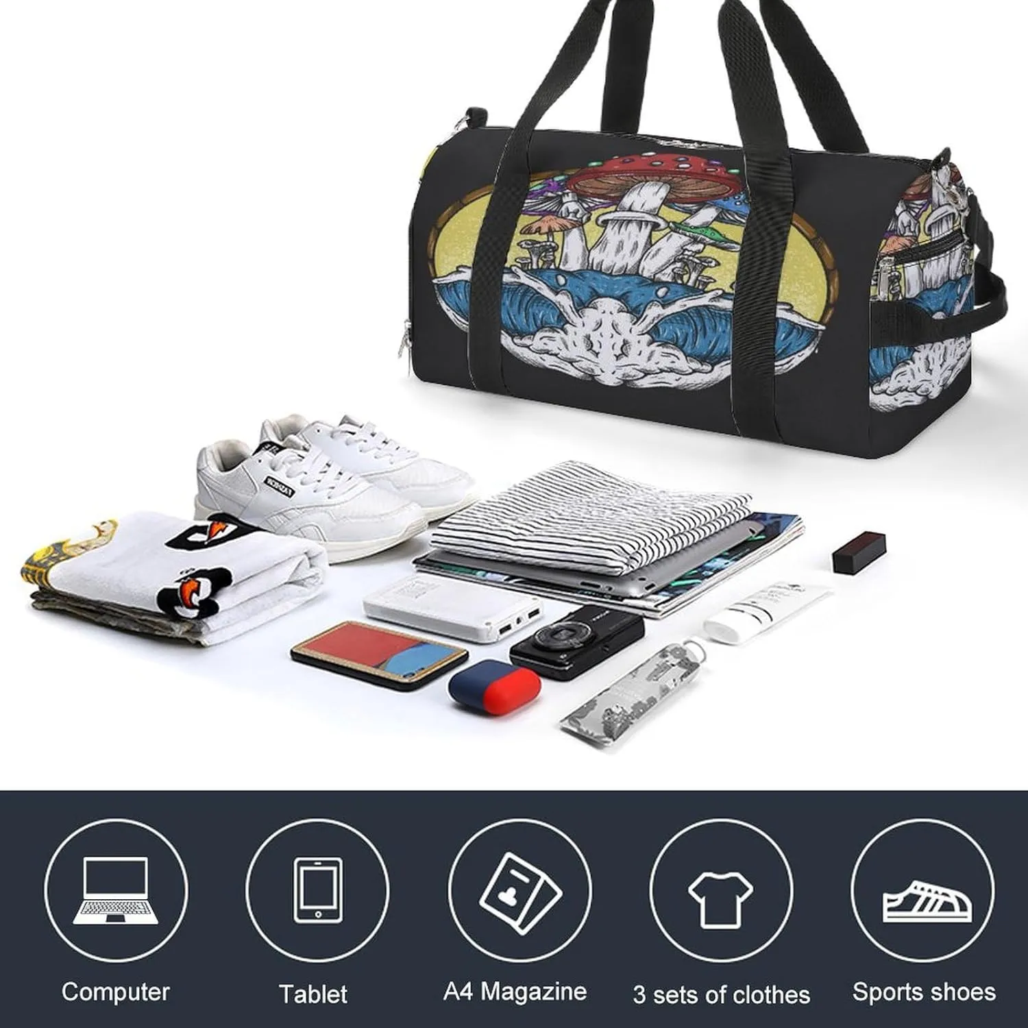 Gym Duffel Bag with Shoe Compartment Wet Pocket, Mushrooms Vintage Travel Bag for Men Women, style-4