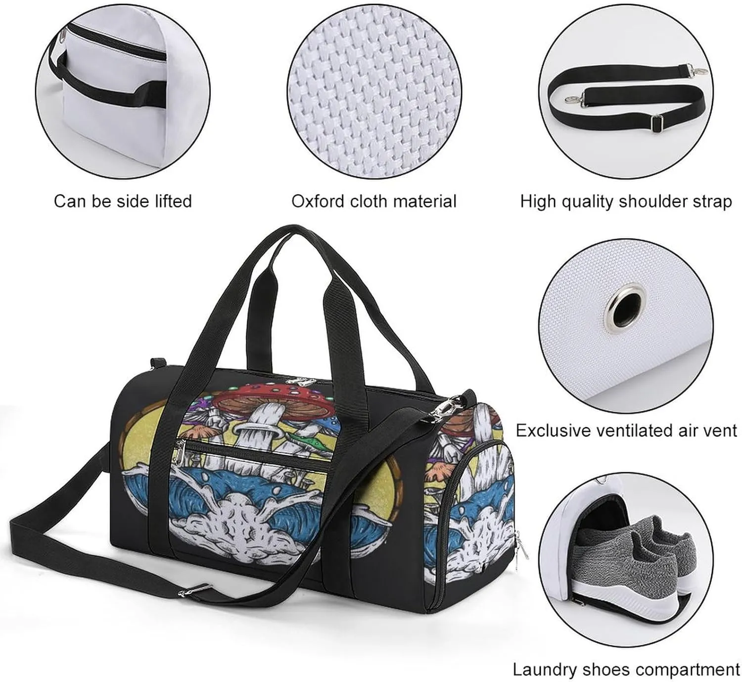 Gym Duffel Bag with Shoe Compartment Wet Pocket, Mushrooms Vintage Travel Bag for Men Women, style-4