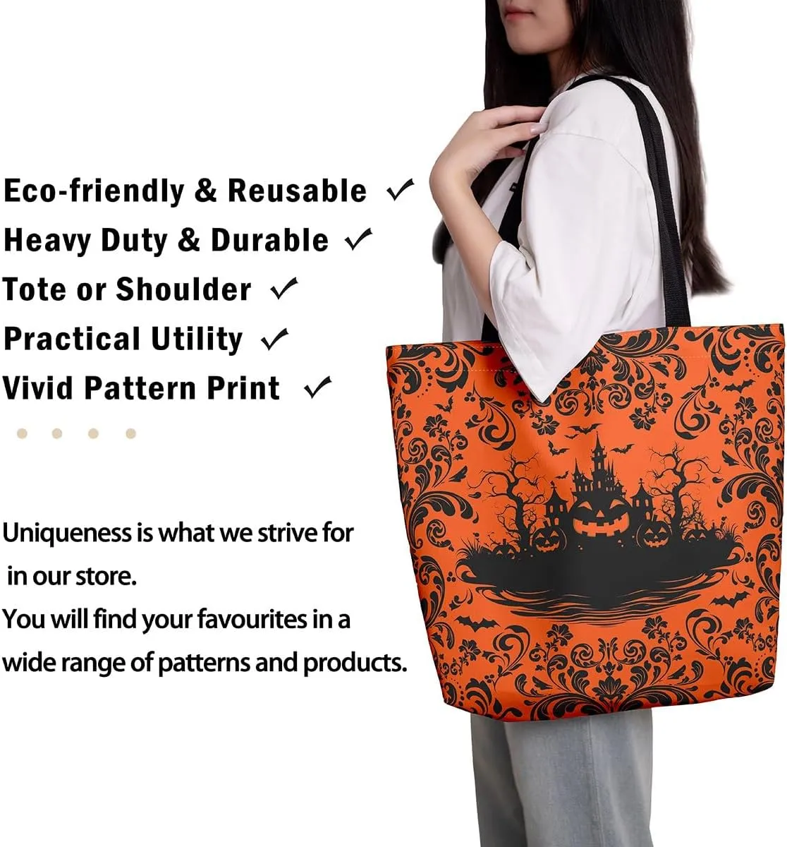 Halloween Bat Shopping Handbag Rainbow Tote Bag Hippie Gothic Animal Reusable Grocery Bag Moon Stars Shoulder Bag