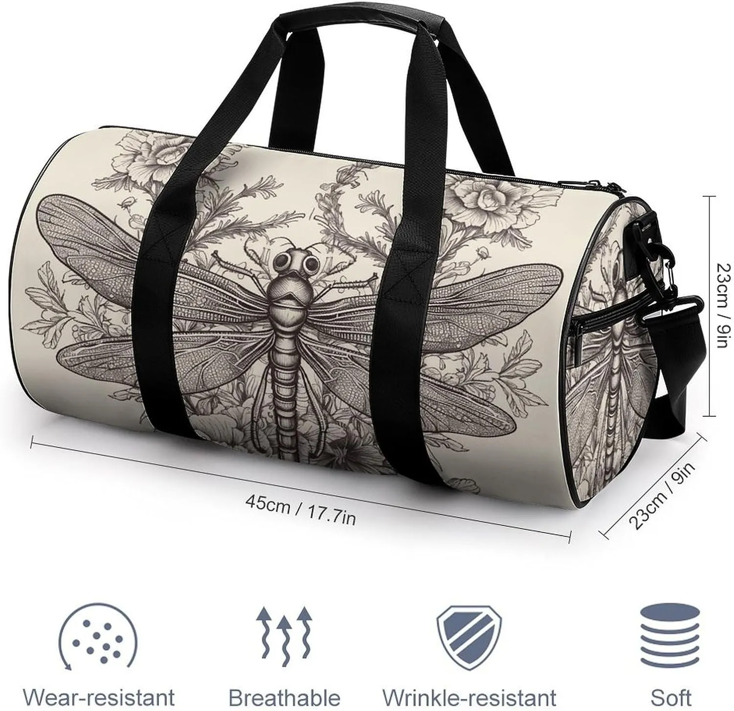 Hand Drawn Floral Dragonfly Gym Bag Small Travel Duffle Bag with Compartment Carry On Weekender Bag for Women Men