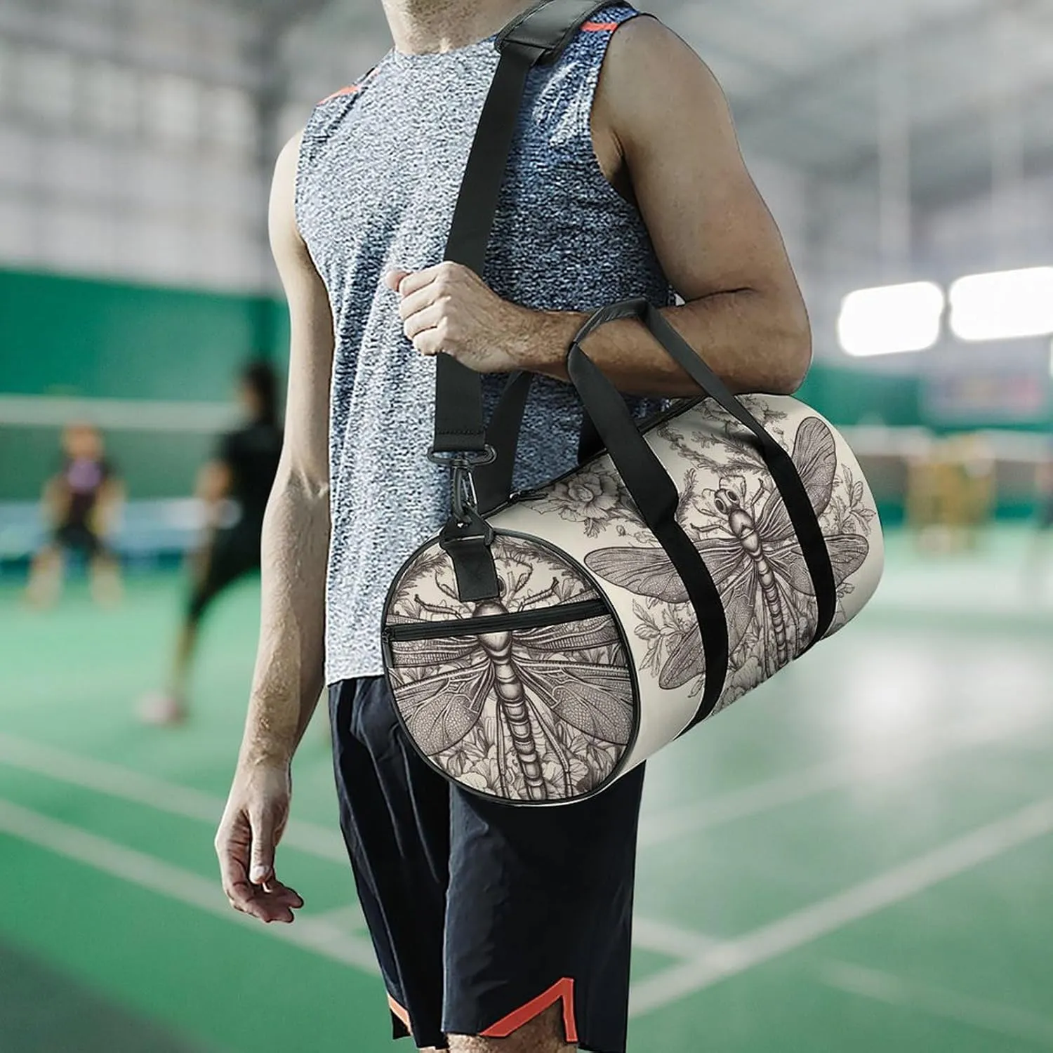 Hand Drawn Floral Dragonfly Gym Bag Small Travel Duffle Bag with Compartment Carry On Weekender Bag for Women Men