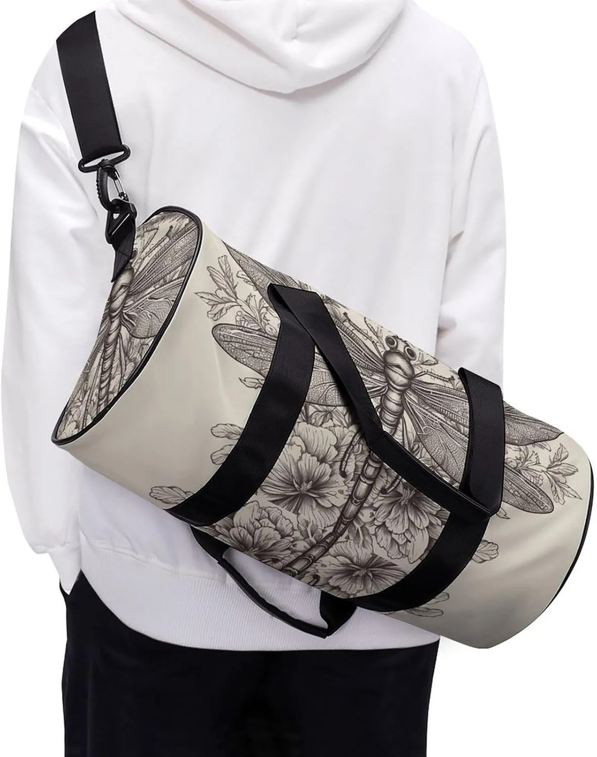Hand Drawn Floral Dragonfly Gym Bag Small Travel Duffle Bag with Compartment Carry On Weekender Bag for Women Men