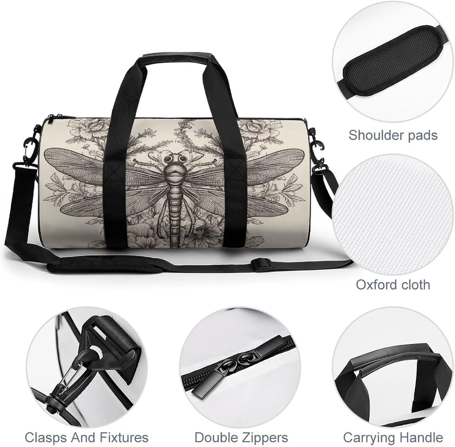 Hand Drawn Floral Dragonfly Gym Bag Small Travel Duffle Bag with Compartment Carry On Weekender Bag for Women Men