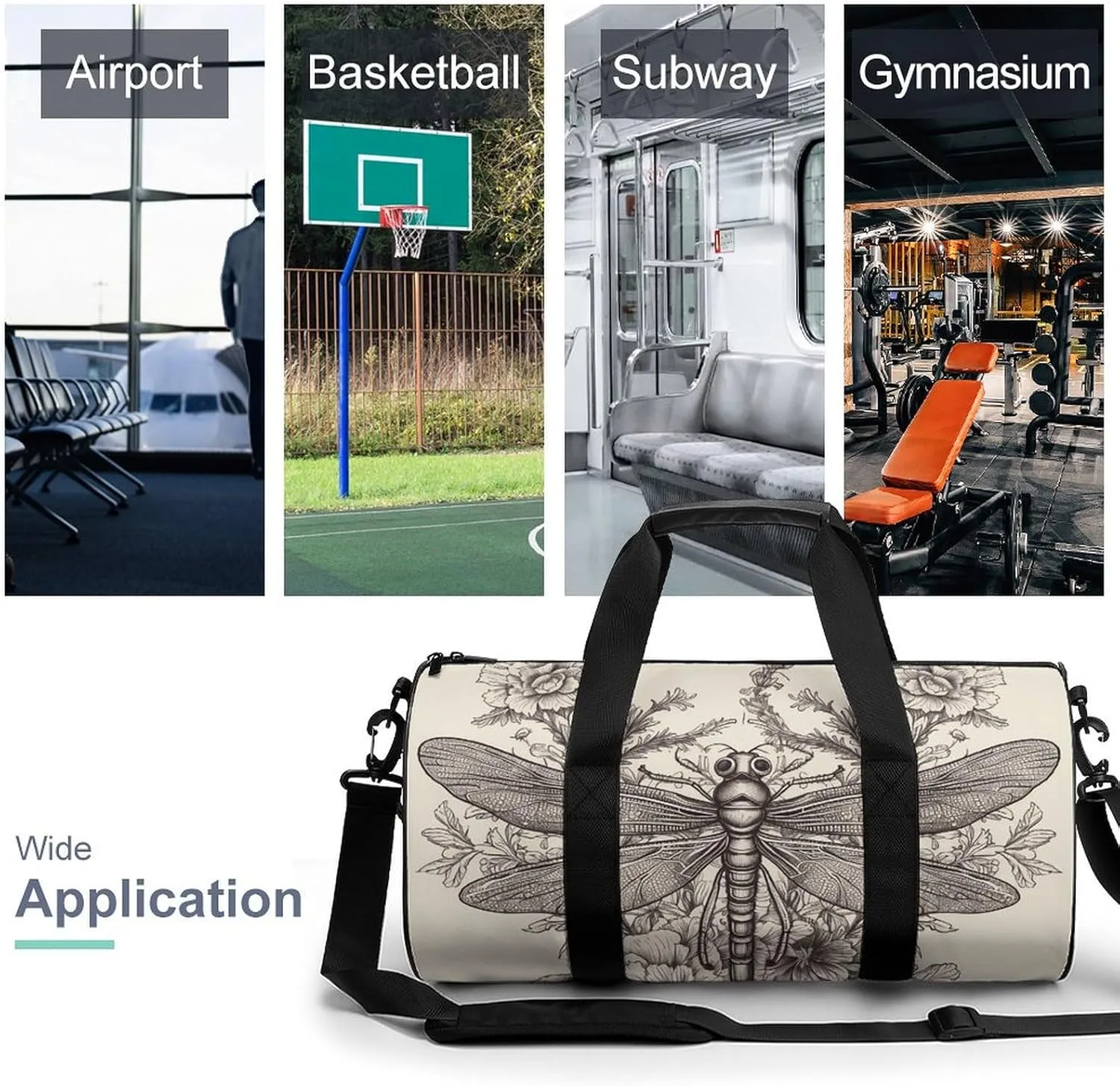 Hand Drawn Floral Dragonfly Gym Bag Small Travel Duffle Bag with Compartment Carry On Weekender Bag for Women Men