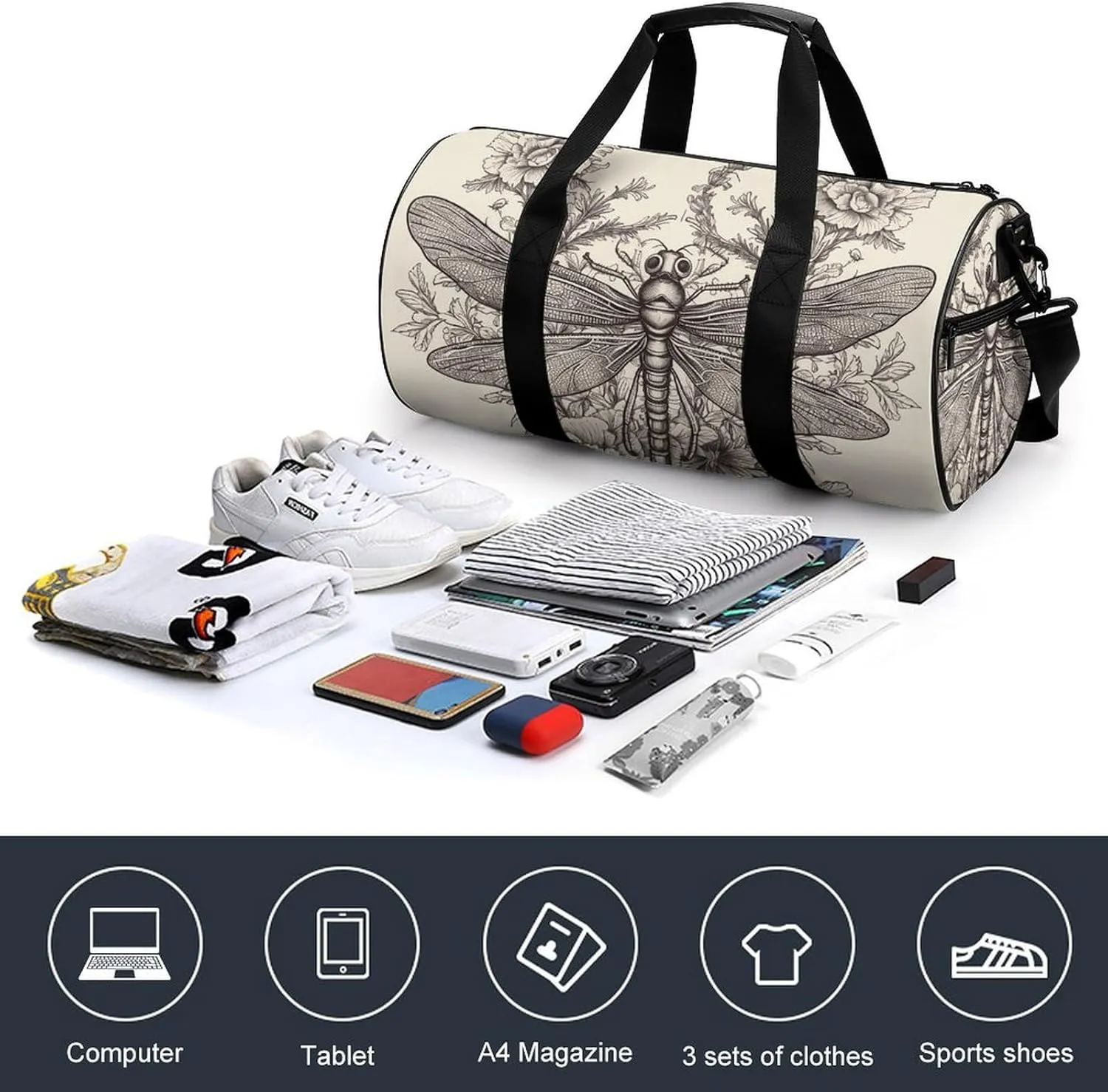 Hand Drawn Floral Dragonfly Gym Bag Small Travel Duffle Bag with Compartment Carry On Weekender Bag for Women Men