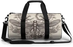 Hand Drawn Floral Dragonfly Gym Bag Small Travel Duffle Bag with Compartment Carry On Weekender Bag for Women Men