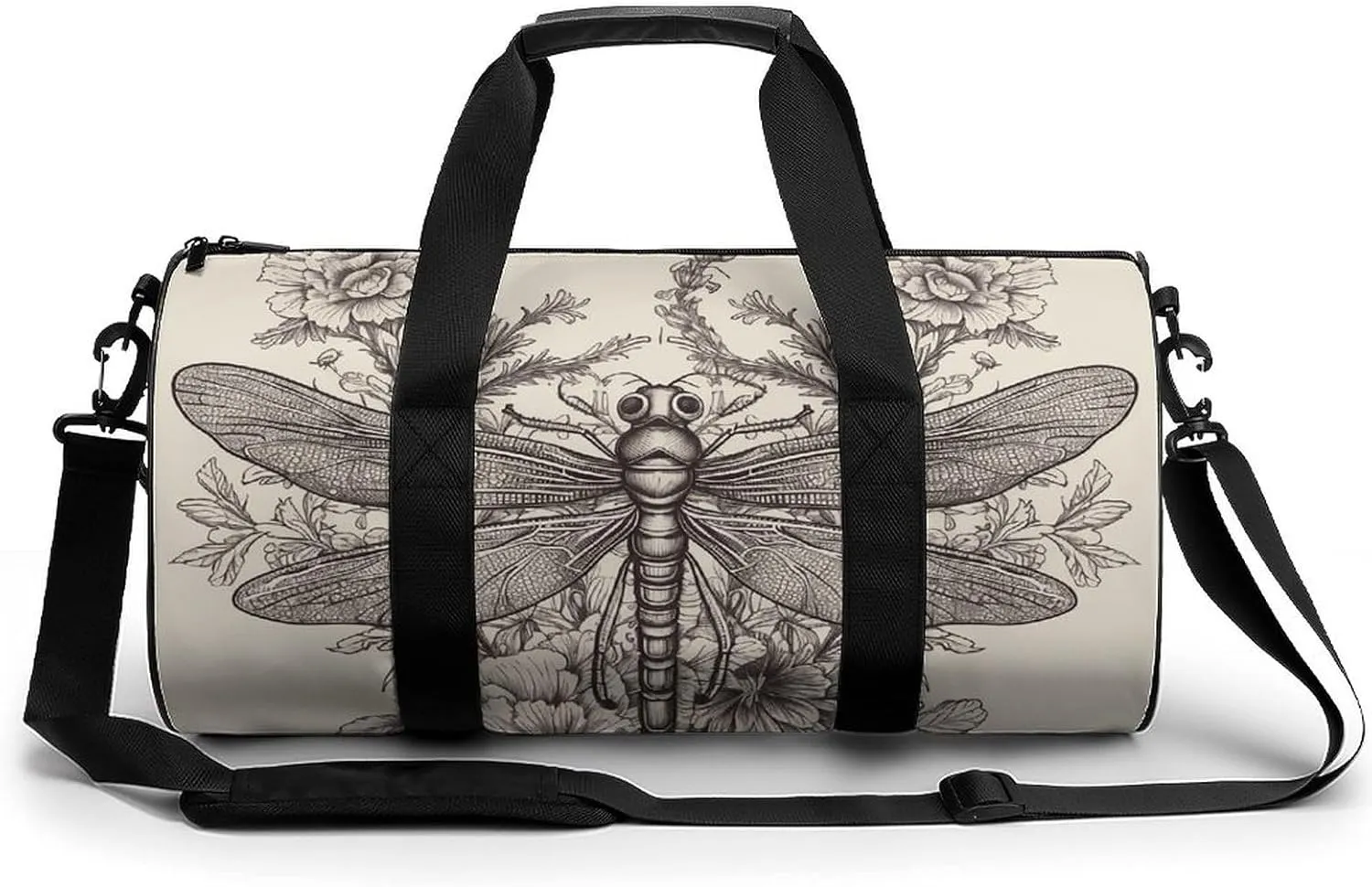 Hand Drawn Floral Dragonfly Gym Bag Small Travel Duffle Bag with Compartment Carry On Weekender Bag for Women Men