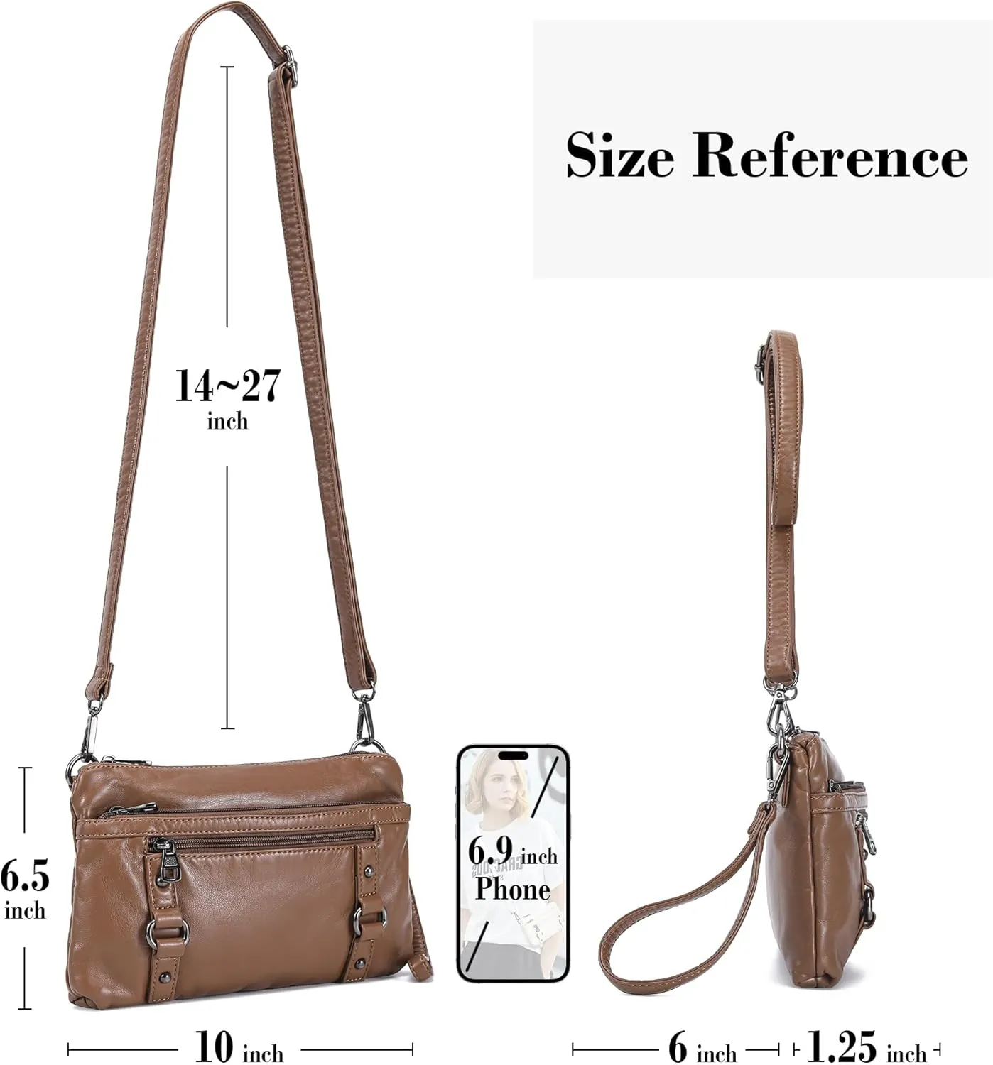 Haytijoe Triple Zip Crossbody Purses Small Crossbody Bags for Women Travel Cell Phone Purse Soft Leather Shoulder Handbags
