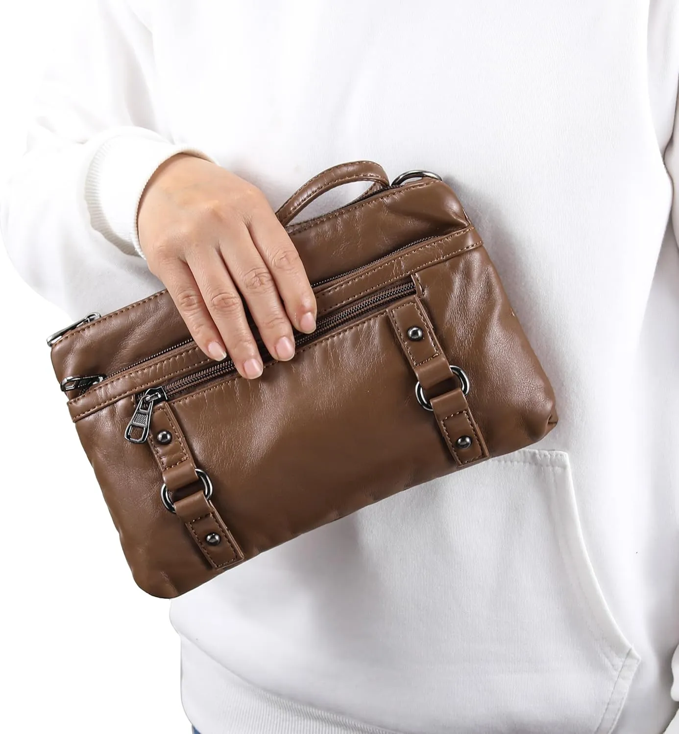 Haytijoe Triple Zip Crossbody Purses Small Crossbody Bags for Women Travel Cell Phone Purse Soft Leather Shoulder Handbags