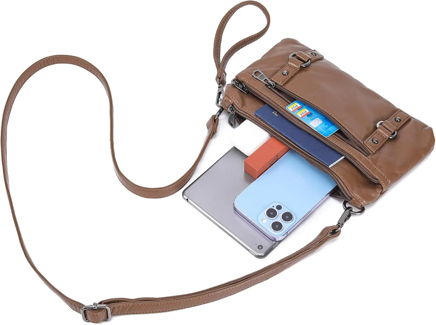 Haytijoe Triple Zip Crossbody Purses Small Crossbody Bags for Women Travel Cell Phone Purse Soft Leather Shoulder Handbags
