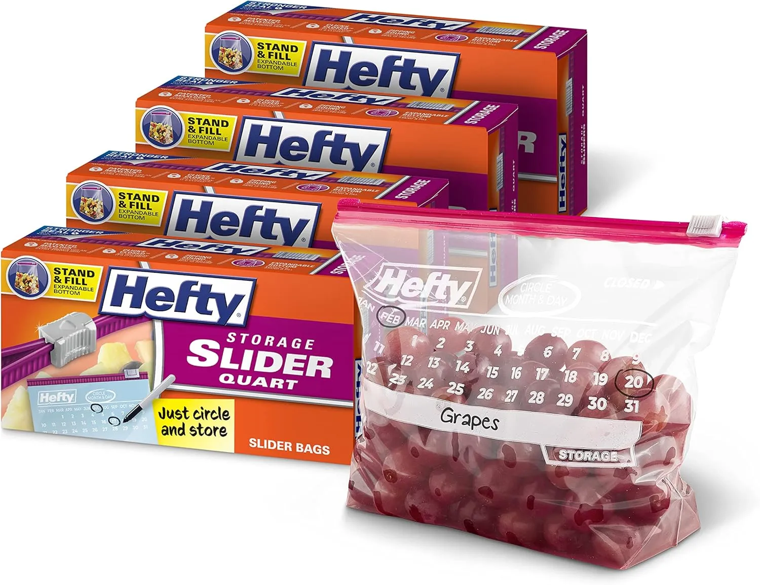 Hefty Slider Calendar Storage Bags, Quart Size, 40 Count (Pack of 4), 160 Total