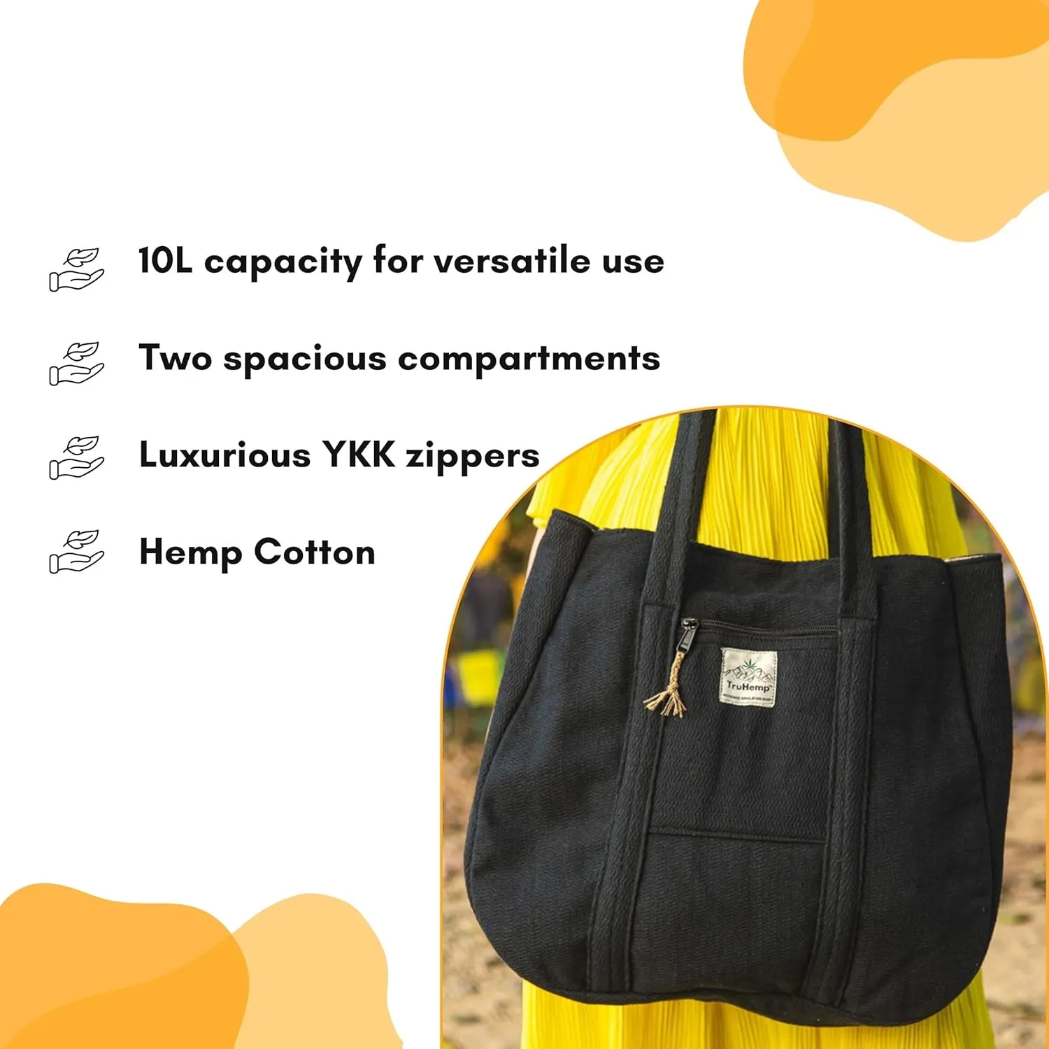 Hemp Shopping Tote Bag with Dual Zippered Compartments | Spacious Eco Market Bag with Cotton Lining | 10L Capacity