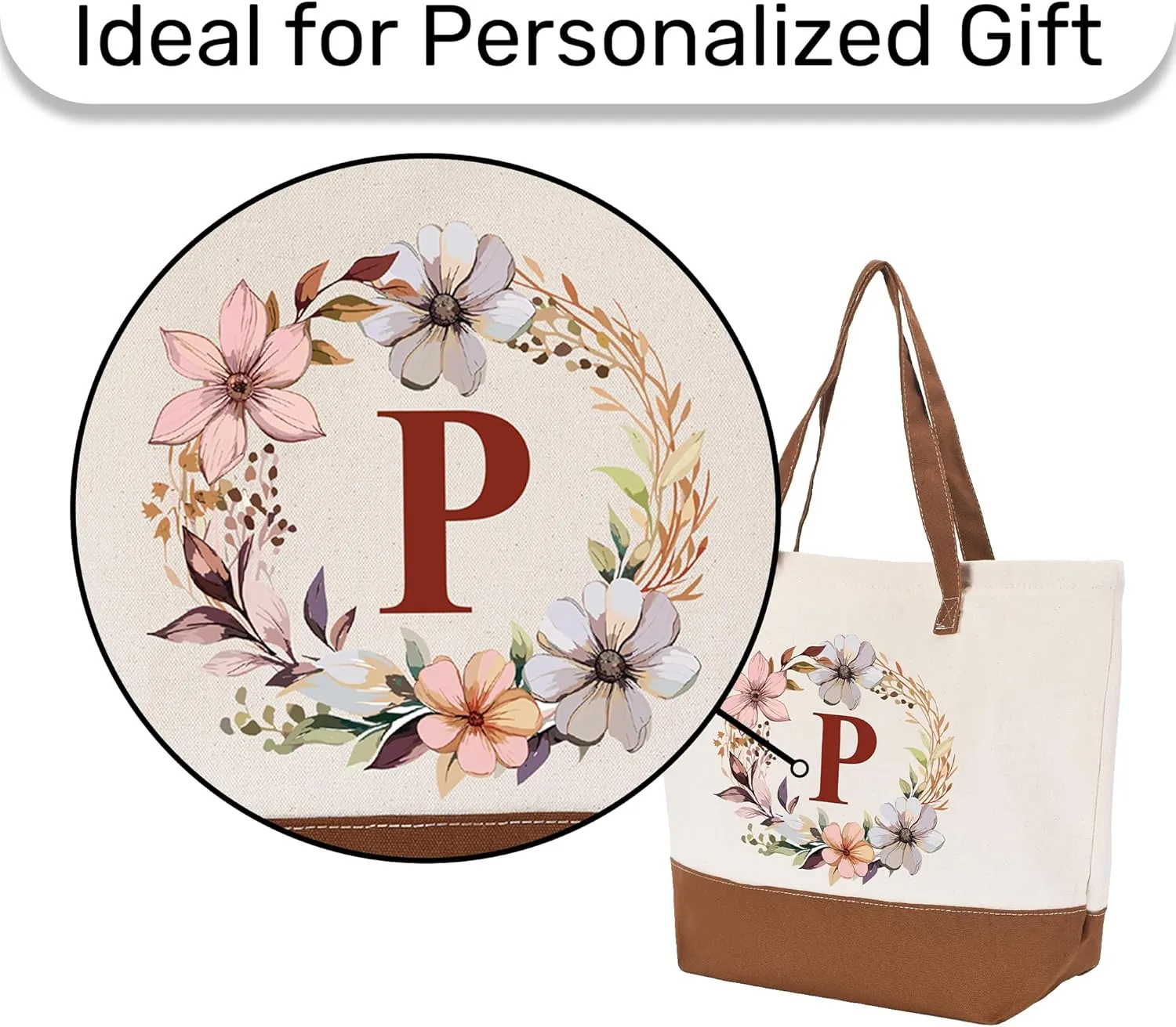 HIFA Initial Tote Bag for Women, Personalized Canvas Tote Bag -Durable Cotton, Zipper, Inner Pocket-Multipurpose Shoulder Bag