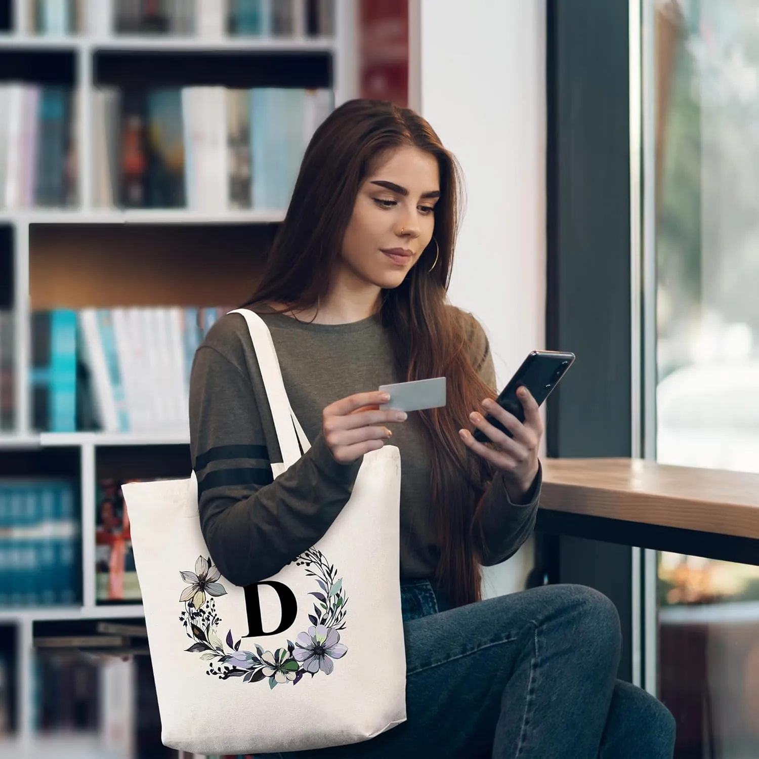 HIFA Initial Tote Bag for Women, Personalized Canvas Tote Bag -Durable Cotton, Zipper, Inner Pocket-Multipurpose Shoulder Bag