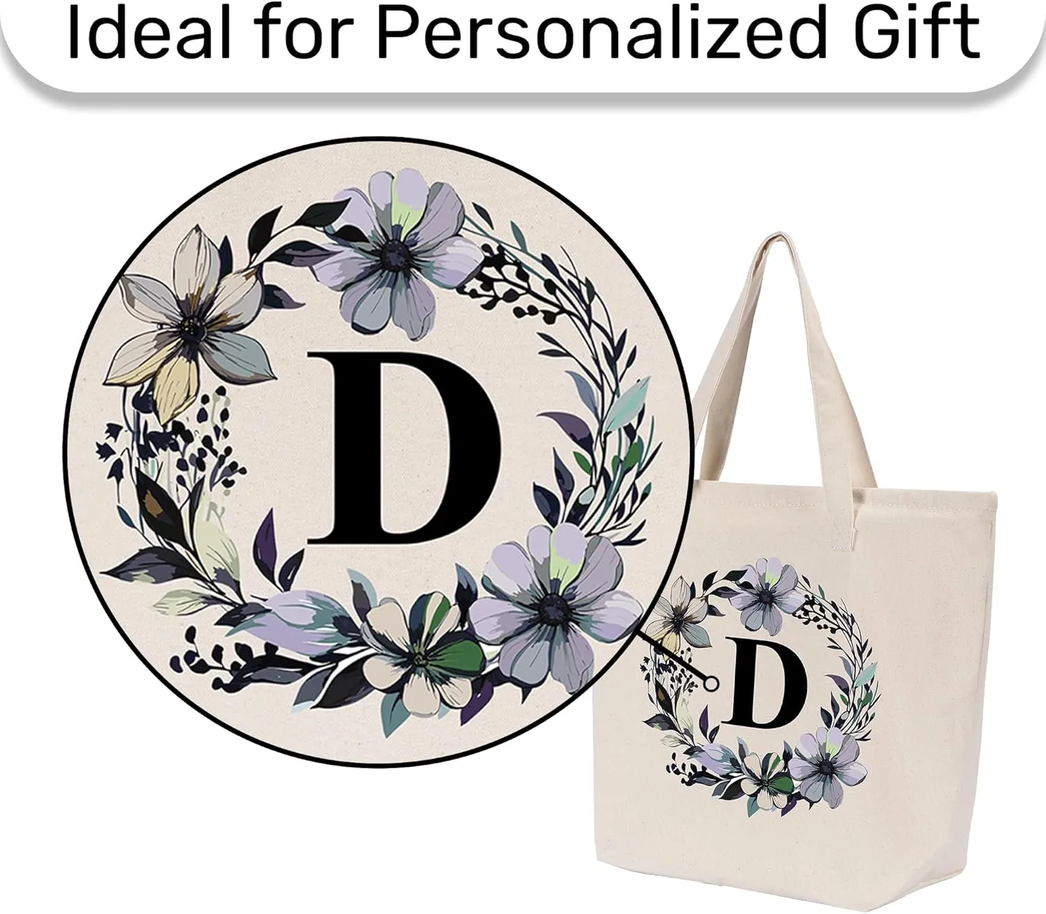 HIFA Initial Tote Bag for Women, Personalized Canvas Tote Bag -Durable Cotton, Zipper, Inner Pocket-Multipurpose Shoulder Bag