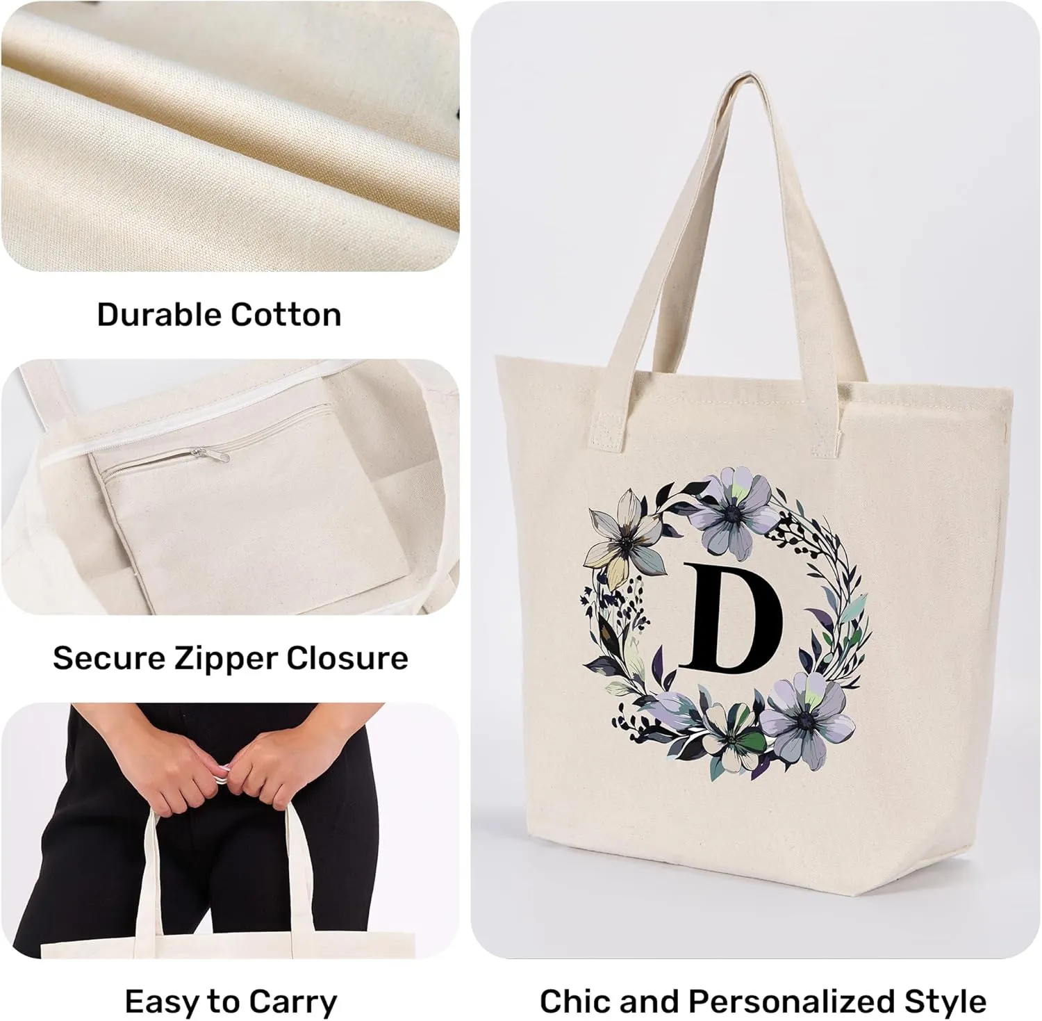 HIFA Initial Tote Bag for Women, Personalized Canvas Tote Bag -Durable Cotton, Zipper, Inner Pocket-Multipurpose Shoulder Bag