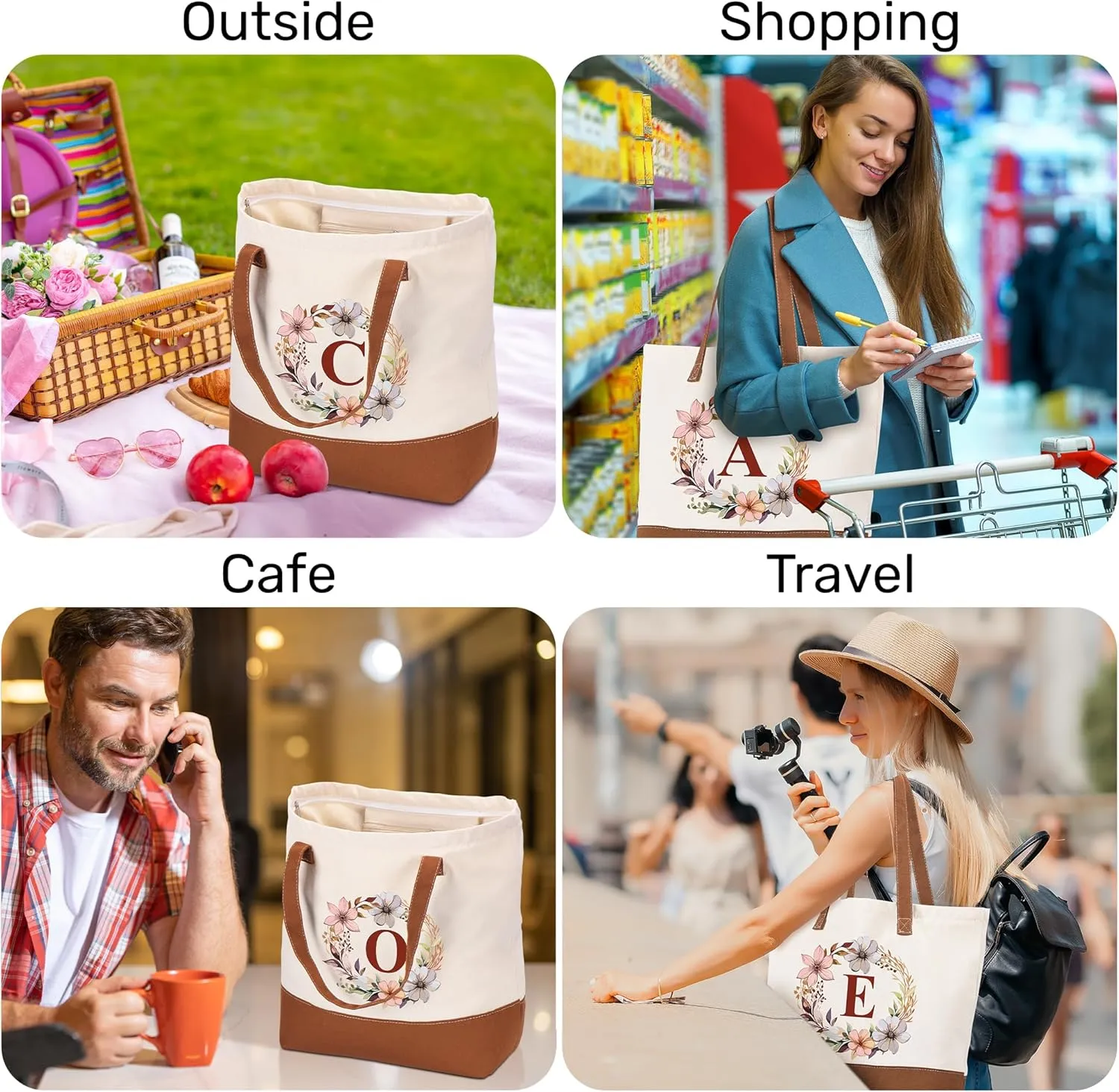 HIFA Initial Tote Bag for Women, Personalized Canvas Tote Bag -Durable Cotton, Zipper, Inner Pocket-Multipurpose Shoulder Bag