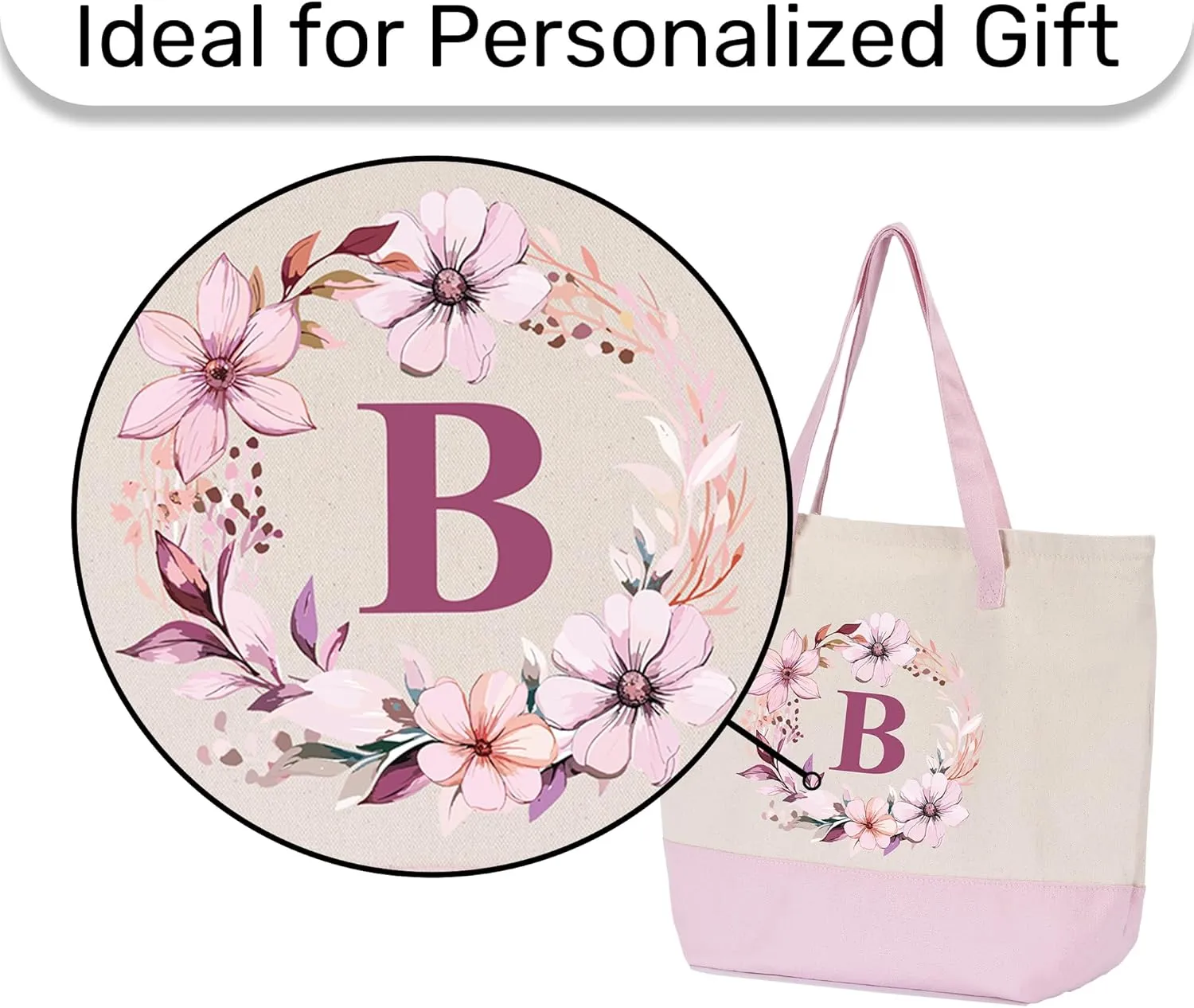 HIFA Initial Tote Bag for Women, Personalized Canvas Tote Bag -Durable Cotton, Zipper, Inner Pocket-Multipurpose Shoulder Bag