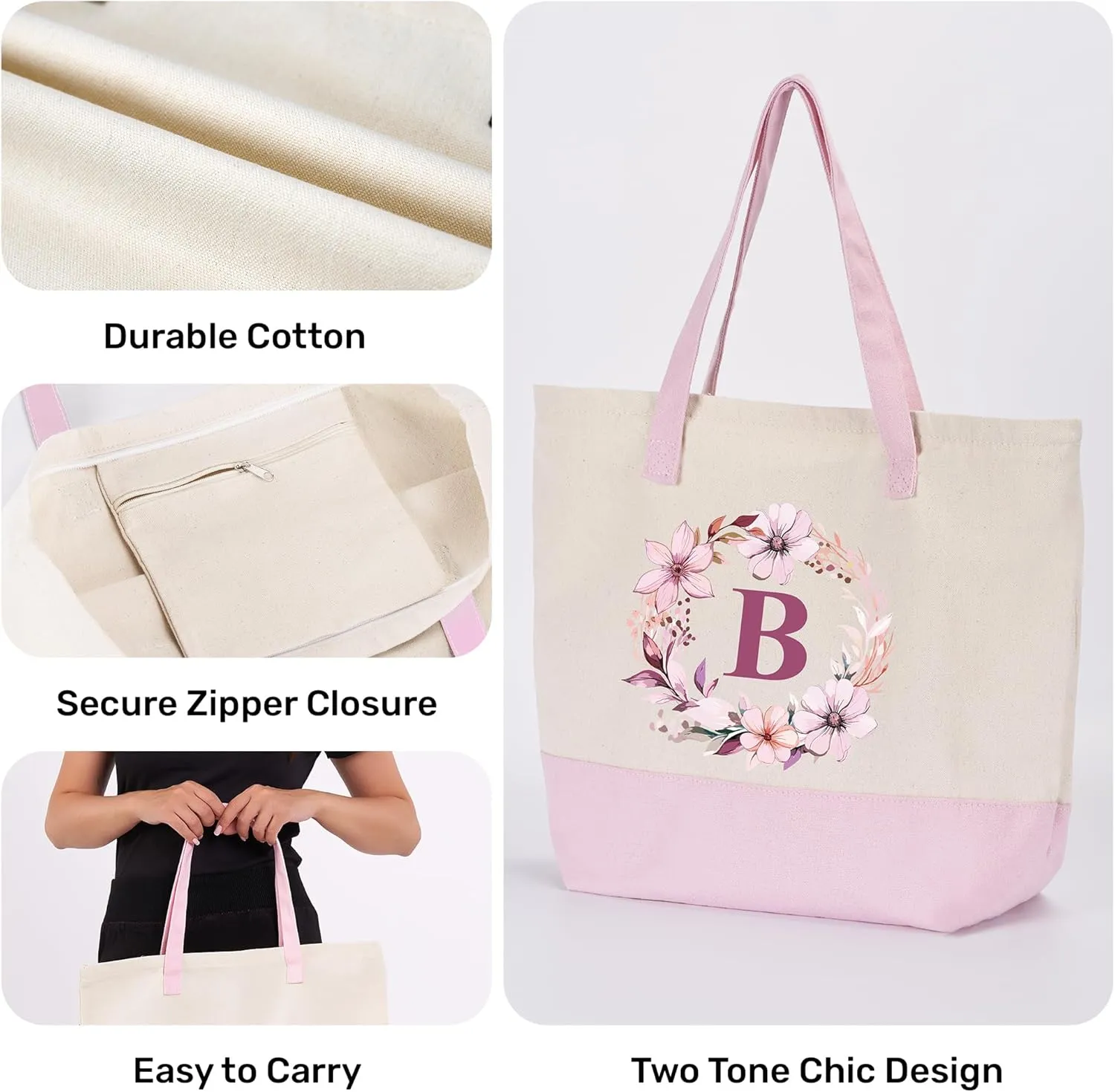 HIFA Initial Tote Bag for Women, Personalized Canvas Tote Bag -Durable Cotton, Zipper, Inner Pocket-Multipurpose Shoulder Bag