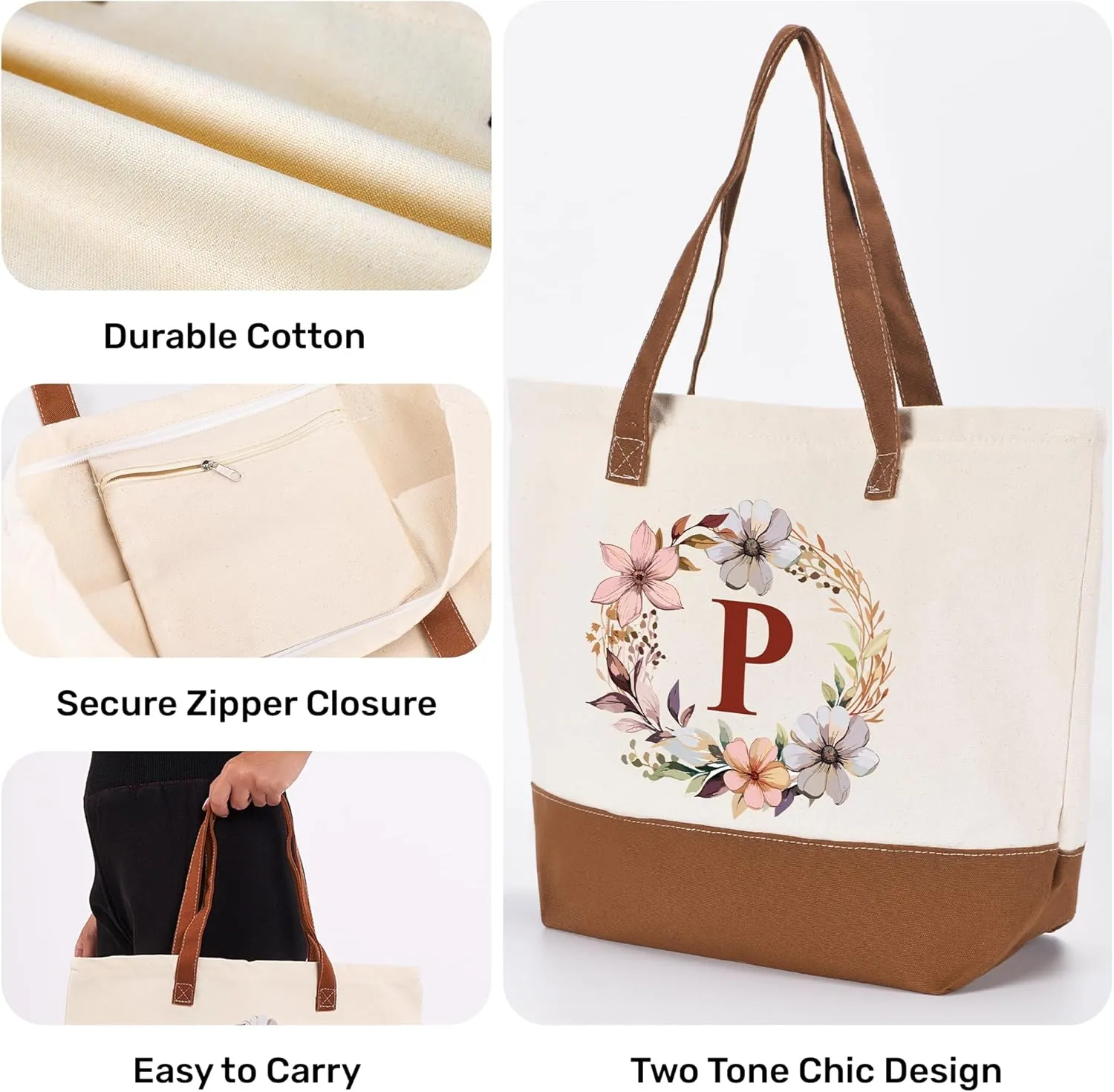 HIFA Initial Tote Bag for Women, Personalized Canvas Tote Bag -Durable Cotton, Zipper, Inner Pocket-Multipurpose Shoulder Bag
