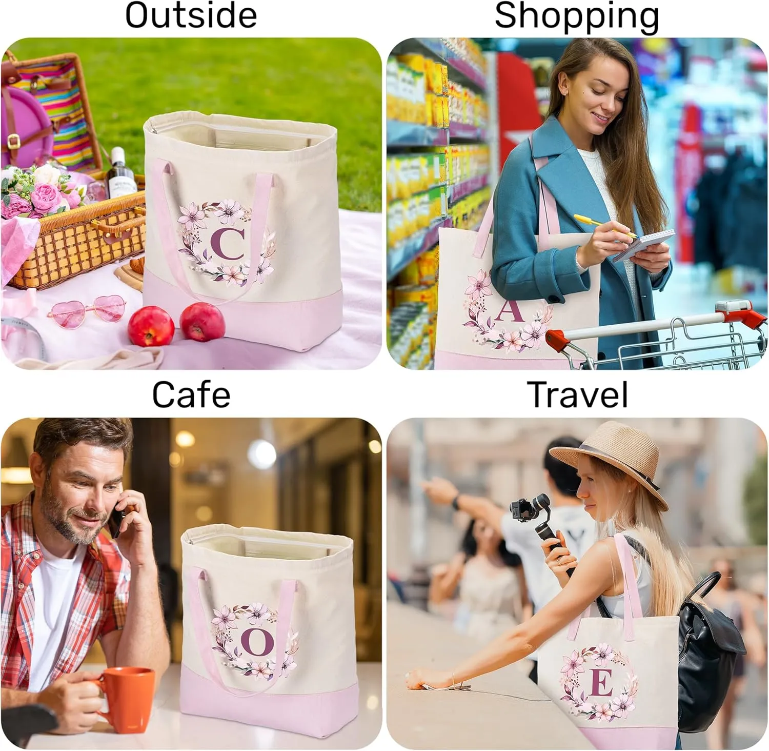 HIFA Initial Tote Bag for Women, Personalized Canvas Tote Bag -Durable Cotton, Zipper, Inner Pocket-Multipurpose Shoulder Bag