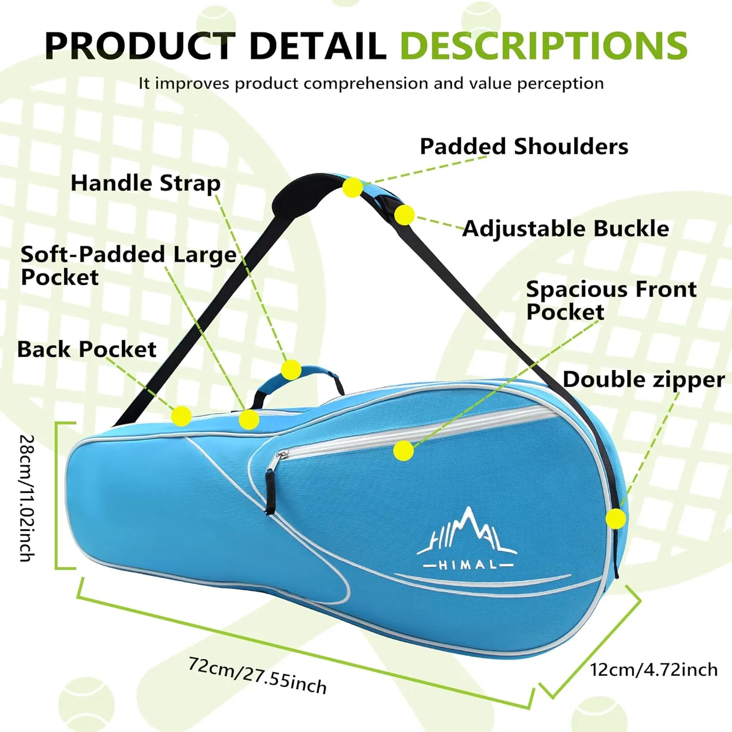 Himal 3 Racquet Tennis Bag With Protective Pad, tennis racket bag for Men Women, Sports enthusiasts of all ages